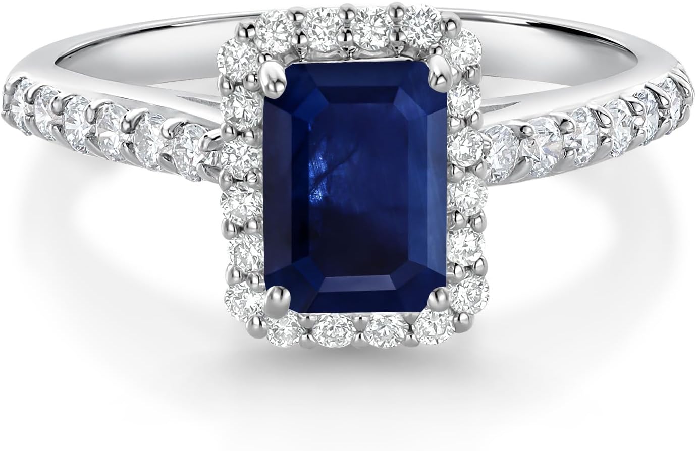 Gem Stone King 10K White Gold Blue Sapphire and White Lab Grown Diamond Halo Engagement Wedding Ring For Women | 1.90 Cttw ֿ| Emerald Cut 7X5MM | Wedding Anniversary Promise Ring For Women