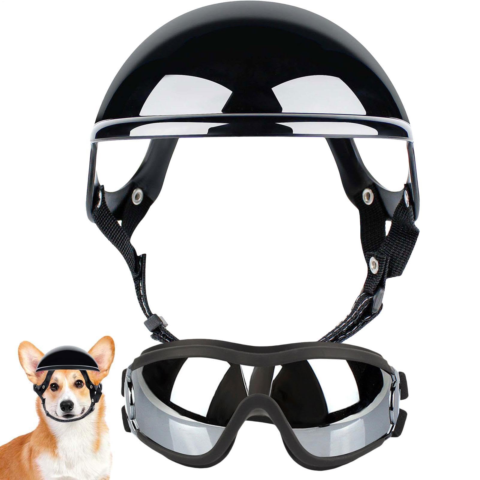 Casco Y Gafas para Perro - Gafas para Perros con Protección UV para El Viento Y El Polvo - Transpirables Casco De Protección Ajustable para Mascotas para Perros Pequeños
