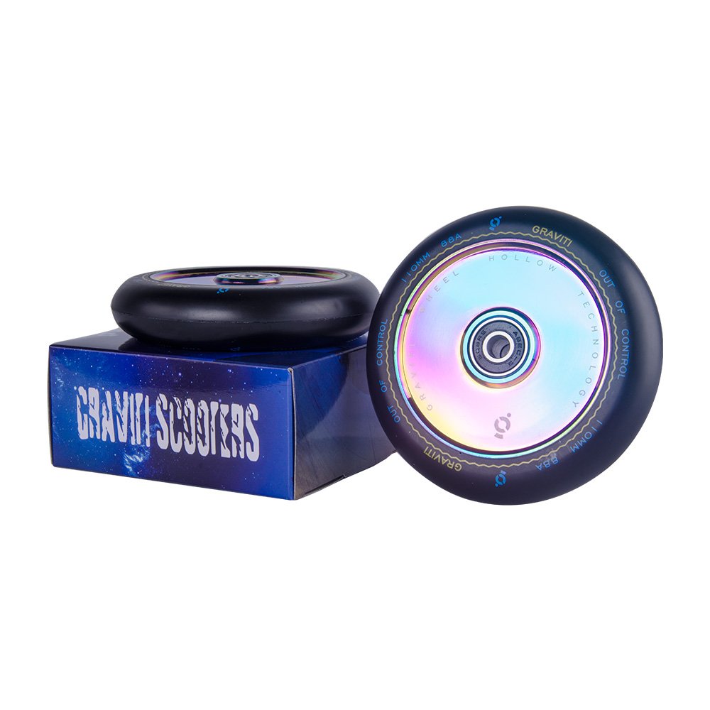 Graviti 1 Pair 110mm Pro Stunt Scooter Hollow Wheels with Abec 9 Bearings for MGP/Razor/Lucky/Envy/Vokul Scooter Replacement Wheels (2pcs) (Black PU Rainbow core, 110mm)