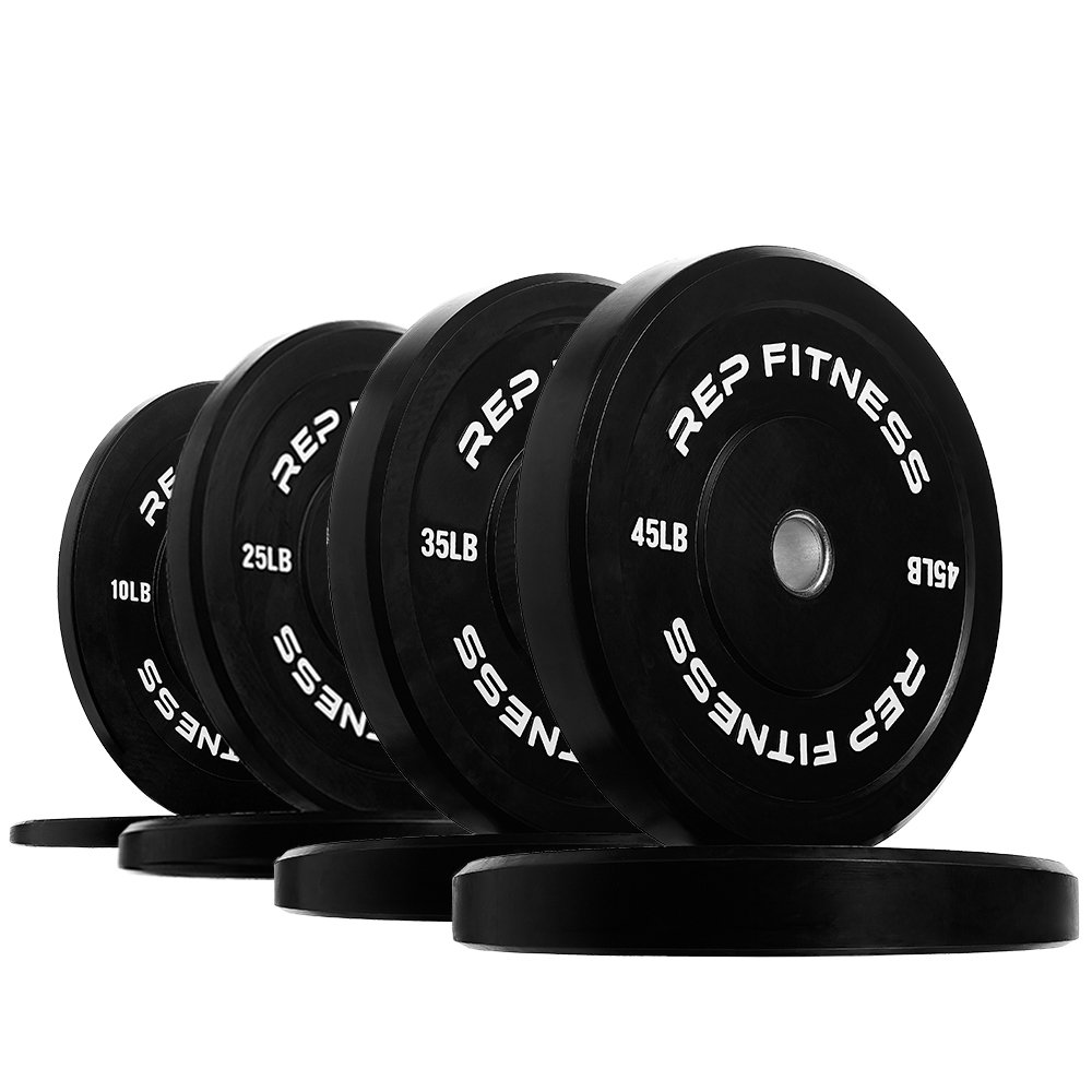 REP Fitness Rubber Bumper Plates, 5Lb to 370 lb Set Pairs, Olympic Standard Weights, Shock Absorbing Low Bounce Design, For Home Gyms, Fitness Centers