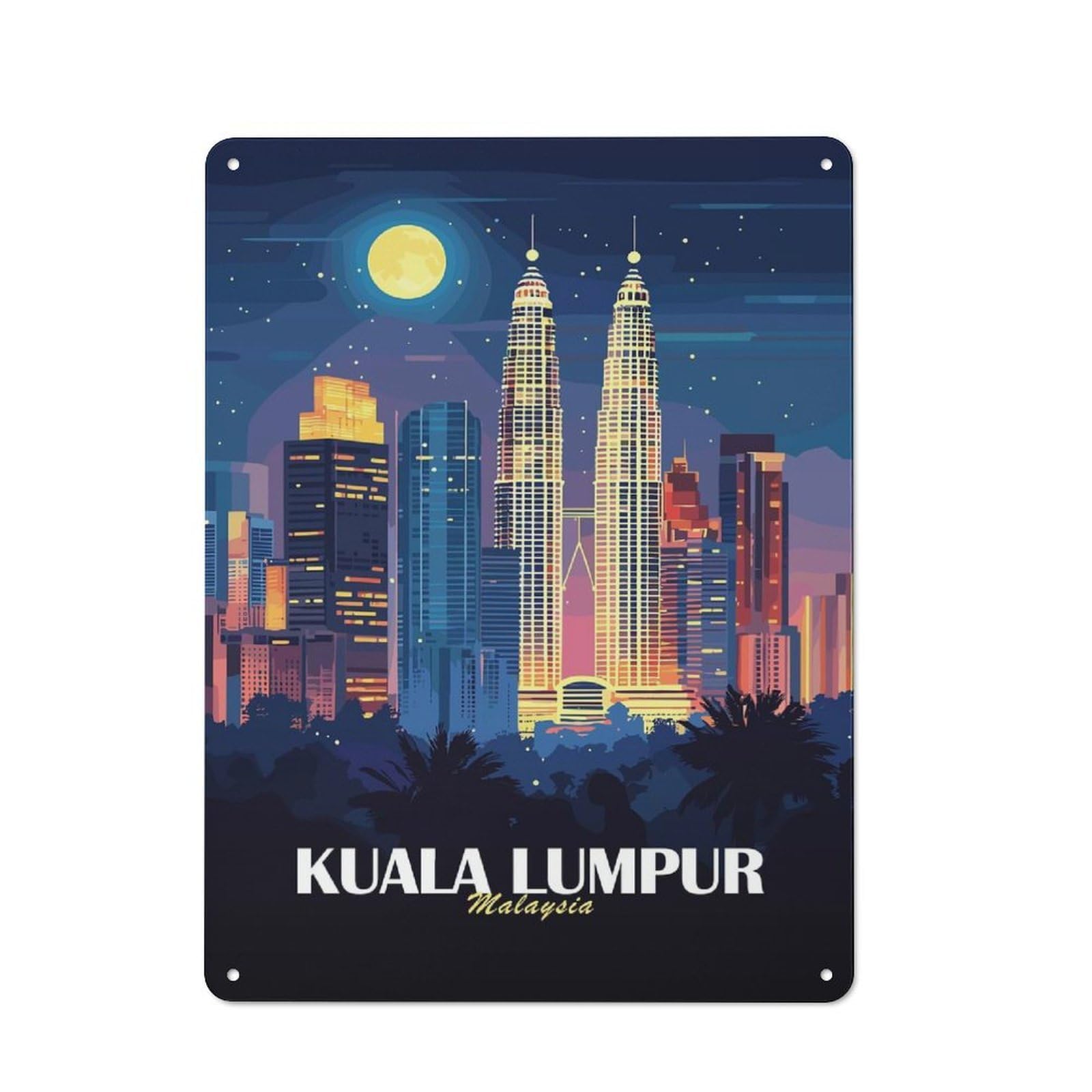 Shop Front Style Cafe Metal Sign 40x30cm Featuring Kuala Lumpur Cityscape at Night, Restaurant Wall Art for Takeaway, Bar, Kitchen Or Counter Area