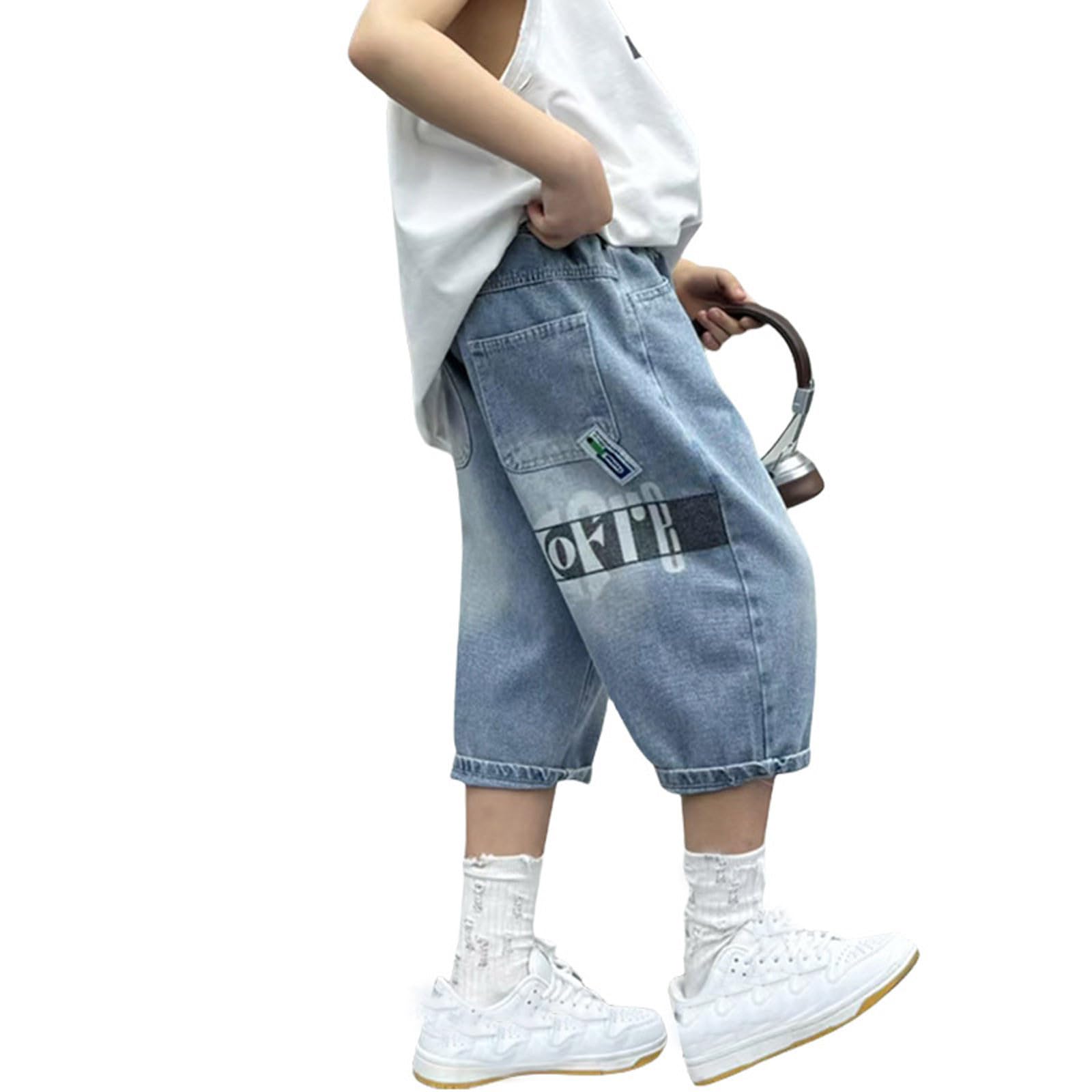 Garçons Short en Denim Été Pantalons Court Baggy Léger Pantalon Jeans 3/4, Bermuda Jeans Garçons Bleu Enfant Mode Denim Pantacourt Streetwear Outdoor 4-14ans