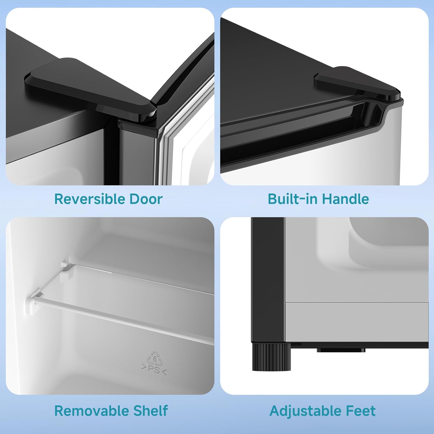 Diagram showing the reversible door mechanism and hinge points on the BANGSON Compact Upright Freezer.