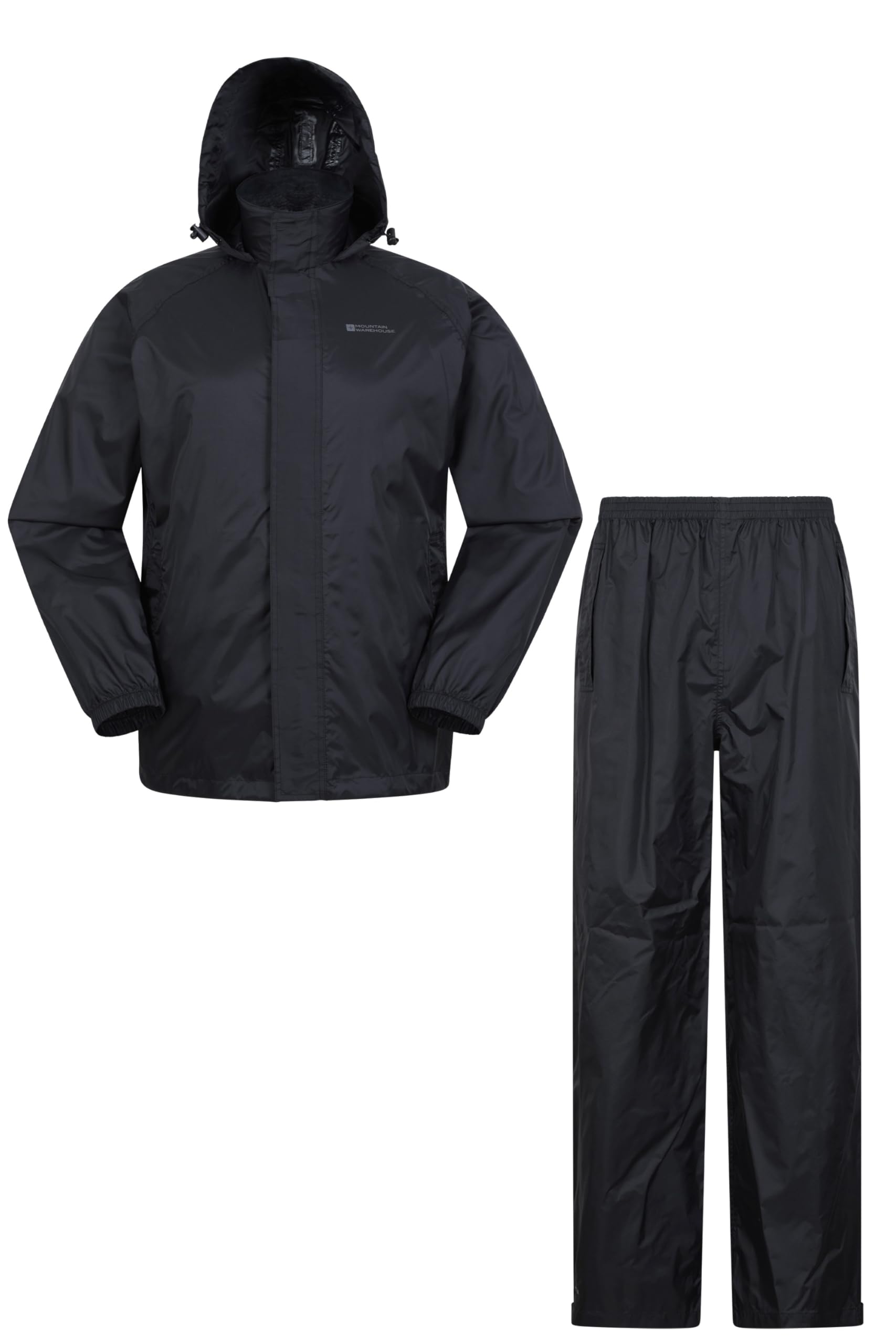 Mountain Warehouse Men's Black Pakka Jacket & Overtrouser Set - Lightweight Waterproof Rain Coat & Pant Set, Adjustable Hood - Spring Summer, Wet Weather, Outdoors S