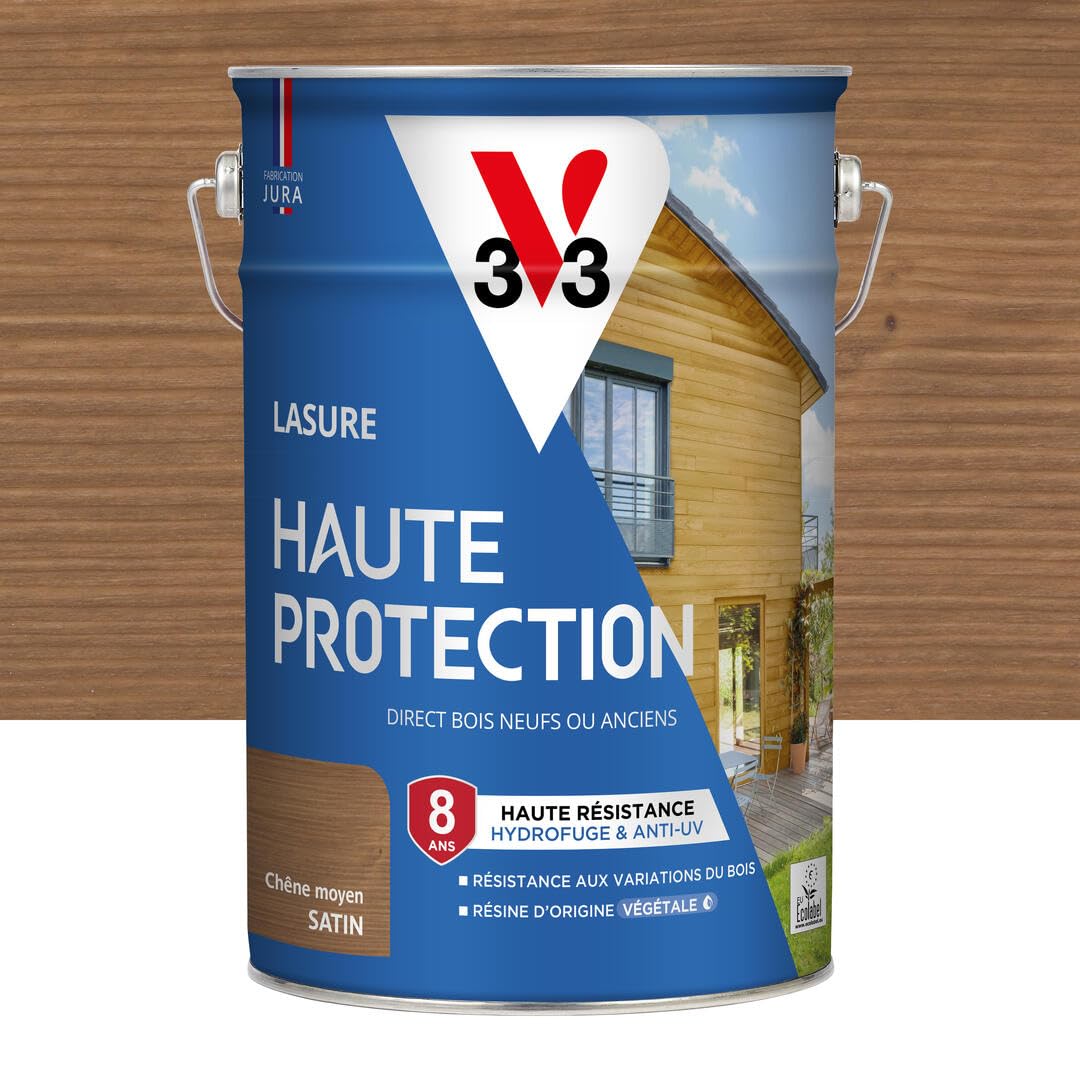 V33 Lasure Bois extérieur Chêne moyen satin - Haute Protection 8 ans - Haute résistance hydrofuge et anti-​UV - Résiste aux variations du bois - Ecolabel, résine d'origine végétale - 5L