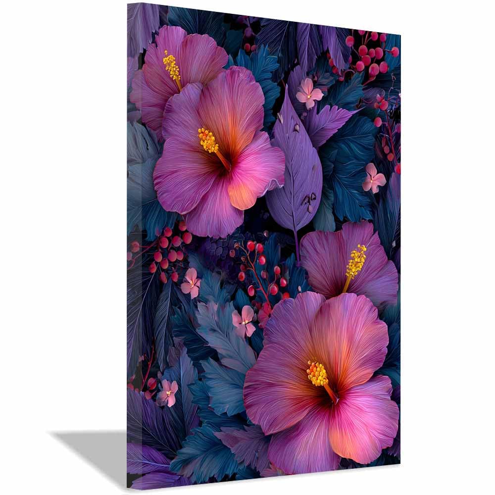 Hoqiu Multicolor Flower Posters Tropical Hibiscus Floral Art Modern Canvas Wall Art, Decorative Paintings, Canvas Painting Wall Art For Home Decor.(Multicolor)-40X60cm Framed