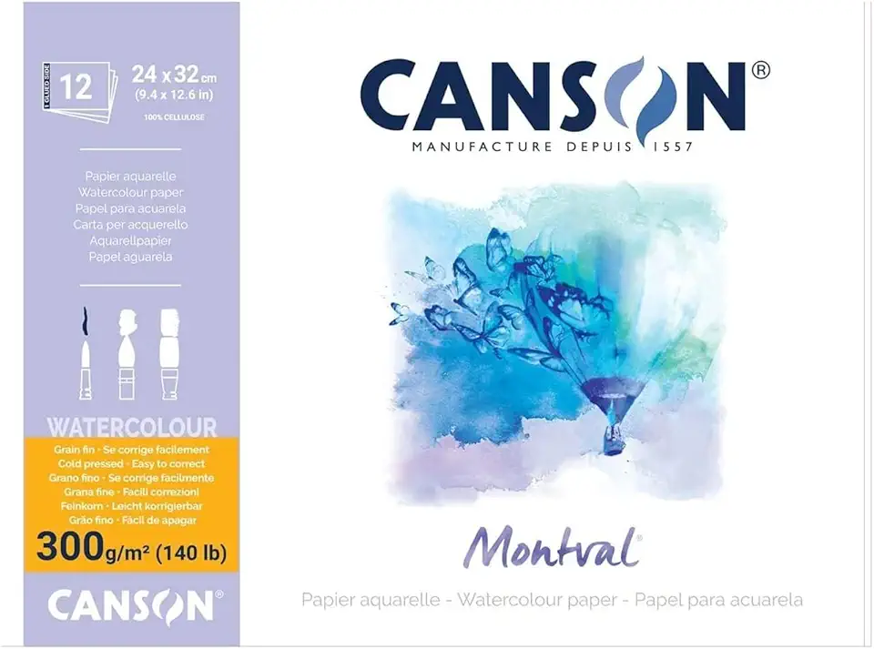 CANSON Montval, Bloco Colado por 1 Lado de Papel para Aquarela 300g/m², Grão Fino, Tamanho A3 (29,7x42cm)