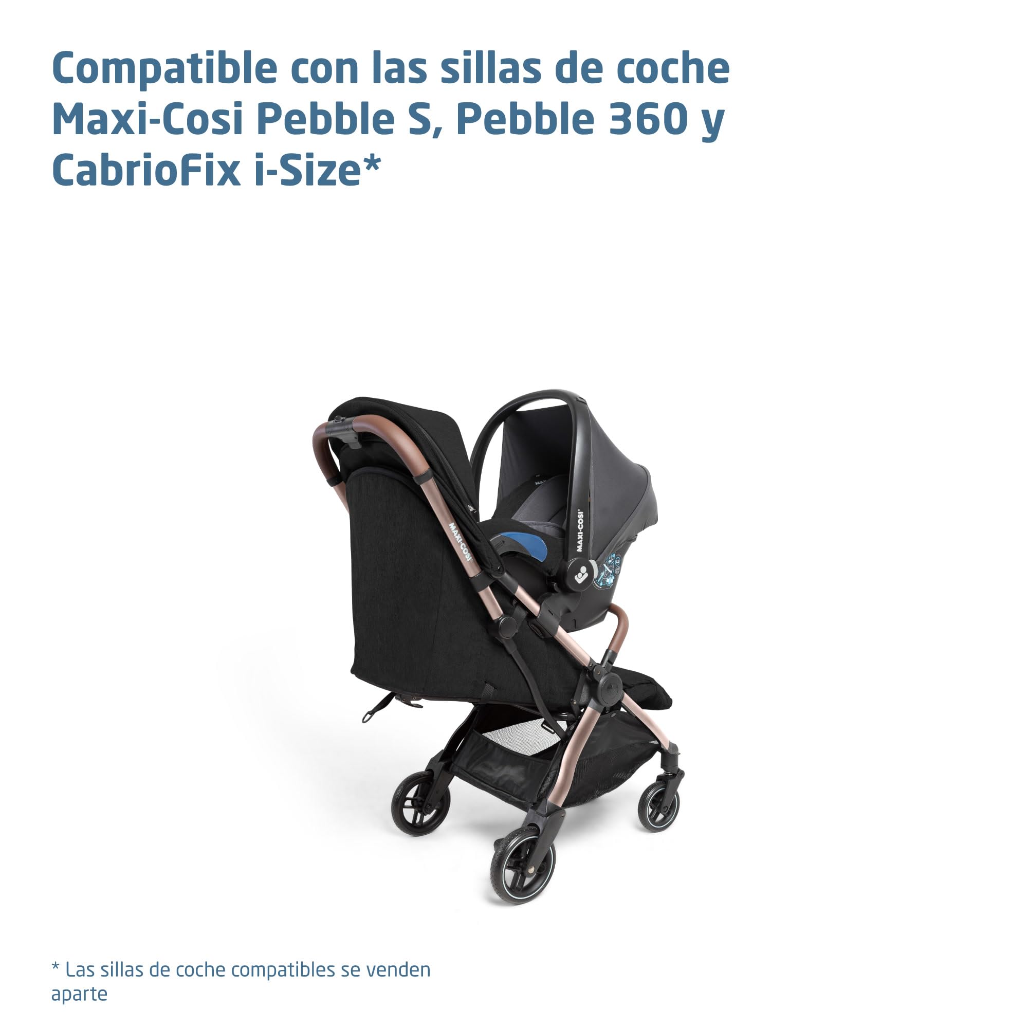 Maxi-Cosi Eva3 Cochecito, 0-4 años, 0-22 kg, silla paseo bebé, cochecito ligero y compacto, posición totalmente reclinada, plegado automático con una mano, Essential Black Champagne
