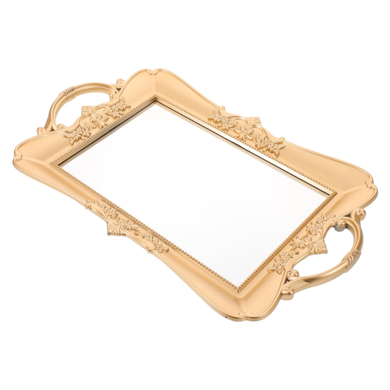 Bandeja de espejo dorada rectangular de estilo vintage europeo en plástico y vidrio para tocador