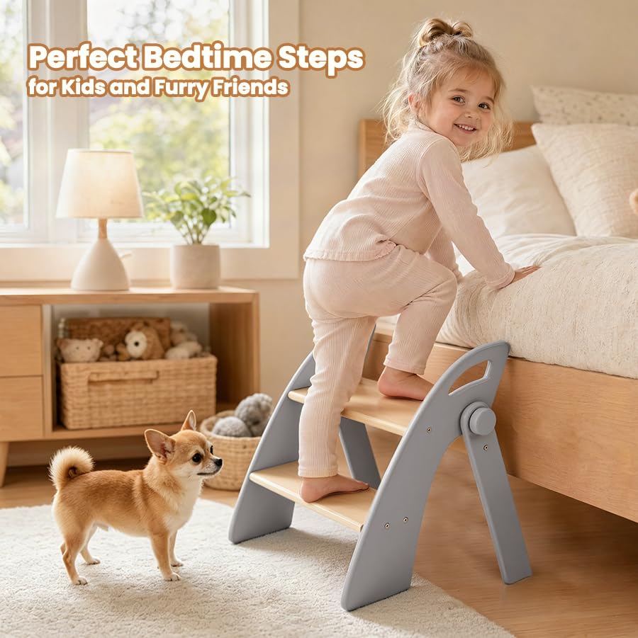 Wooden 2 Step Stool for Toddlers, Foldable 2-Step with Non-Slip Pads and Handles, Bamboo Step Stool for Kids Bathroom Sink and Potty Training, Kitchen Helper, Nursery Bedroom (Grizzly) thumbnail