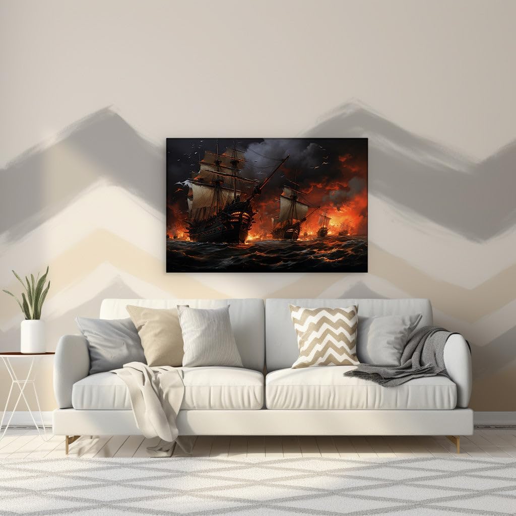 Canvas for Living room. Clash of Titans on the High Seas: The Fury of Flames and Feathers Against a Tempest's Roar, 27 x 18 inch Canvas Wall Art - Ready to Hang - 69x46 cm (27x18 inch)