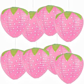 8PCS Strawberry Paper Lanterns, Strawberry Hanging Paper Lantern Decorations Strawberry Decoration Hanging for Room Birthday Party Wedding Garden Decor - 8 Inch Pink