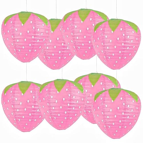 Magnoloran 8PCS Strawberry Paper Lanterns, Strawberry Hanging Paper Lantern Decorations Strawberry Decoration Hanging for Room Birthday Party Wedding Garden Decor - 8 Inch Pink