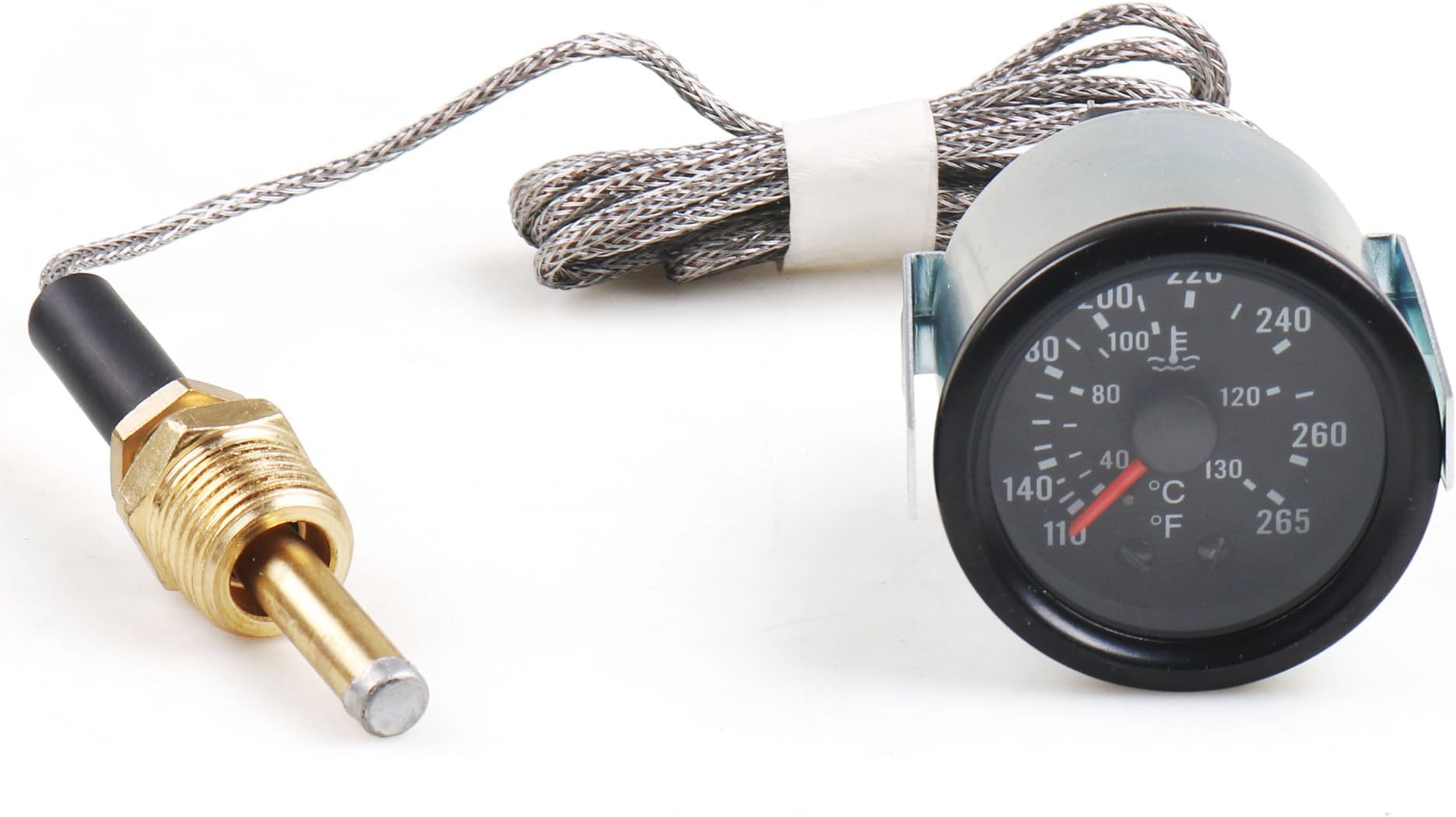 Dyno Racing 2" 52mm 12V Pointer Mechanical Water Temperature Temp Gauge （40-130℃,110-265℉,Yellow Light Car Meter with Sensor NPT 1/2, 1.8m Wire Length