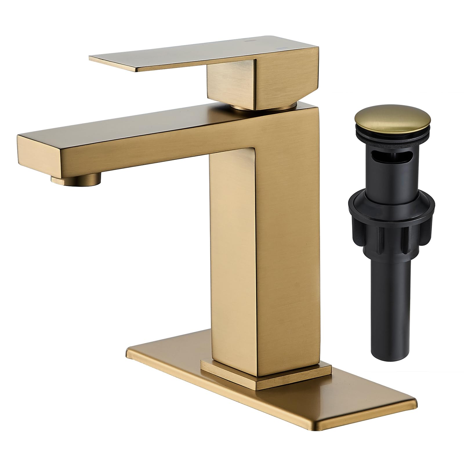 Hcfyauis A-Brushed Gold Brushed Gold Bathroom Faucet, Modern Single Hole Lavatory Vanity Faucet, Single Handle Bathroom Sink Faucet Gold, With Pop Up Drain & Water Supply Hoses