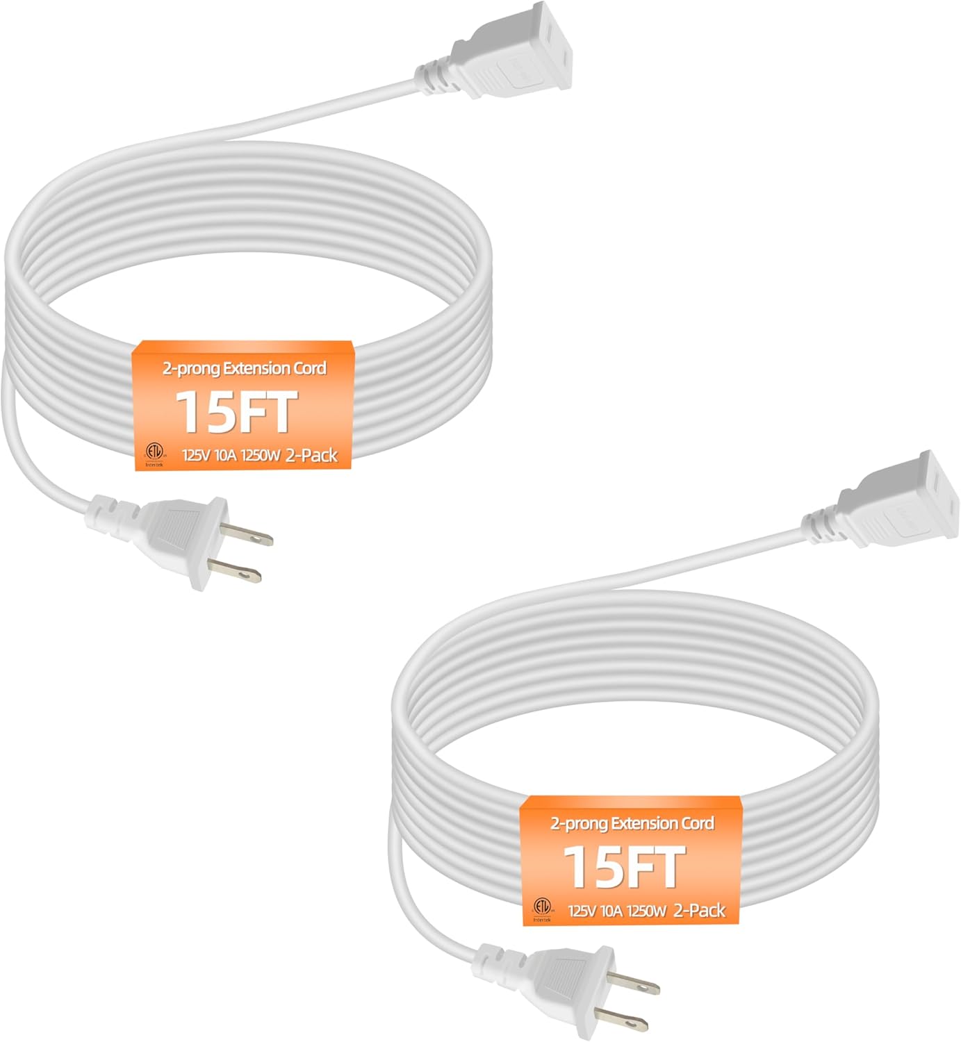 15フィート ホワイト 薄型フラット延長コード 2プロング偏光電源ケーブル 18AWG 10A 125V シングルコンセント 省スペ