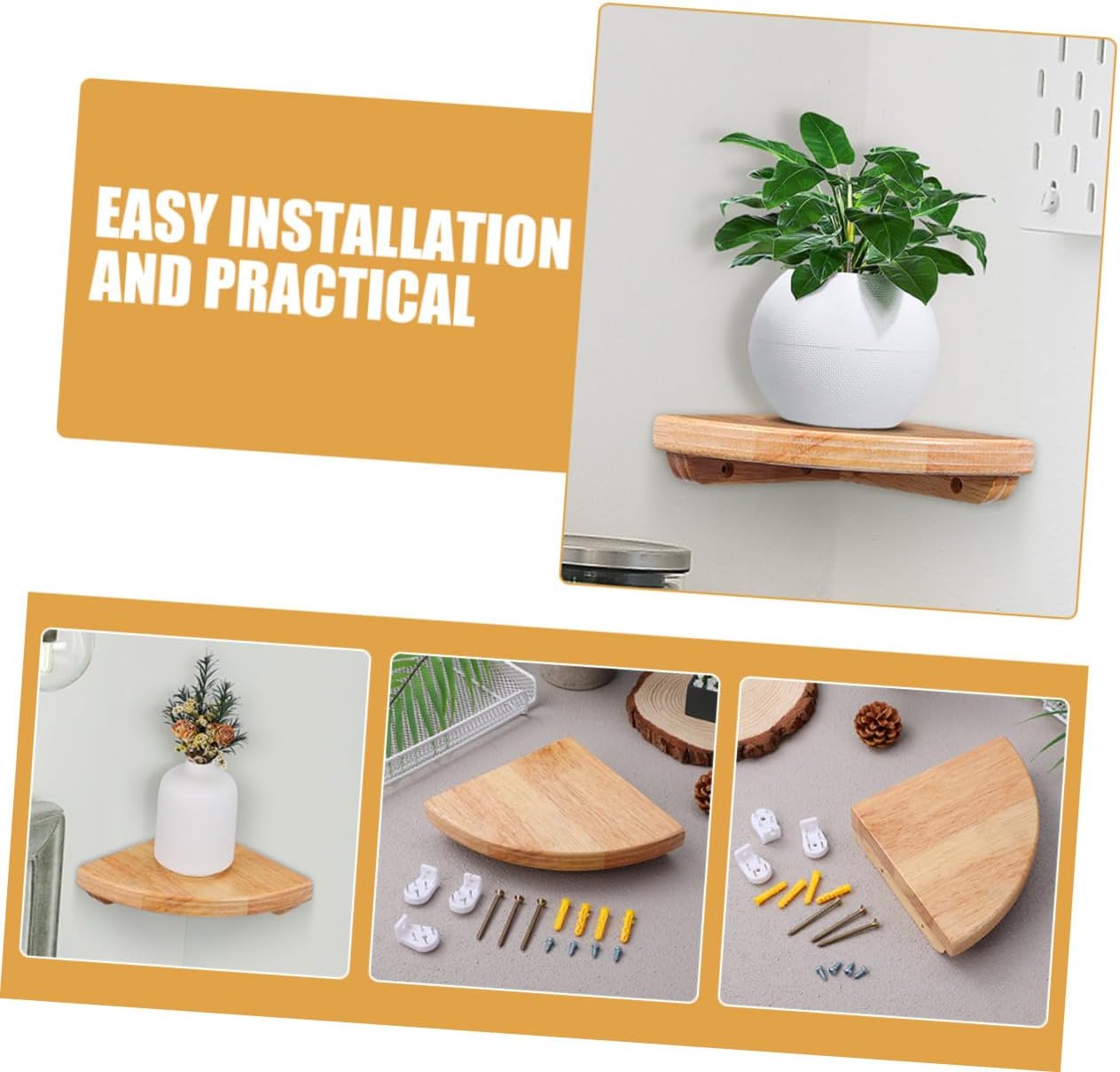 TOYANDONA 2pcs Rubber Wood Curved Corner Shelf Wall-Mounted Storage Rack for Bathroom Kitchen Bedroom Handmade Space-Saving Floating Shelves for Shower and Home Organization