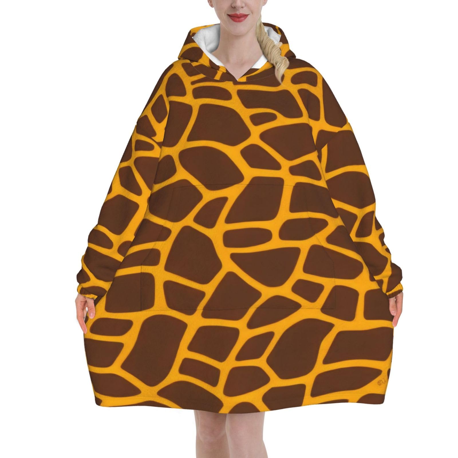 Wearable Blanket Hoodie For Women, Adults, Men - Fashionable Giraffe Print Print Flannel Hooded Blankets, Oversized Loose Cozy Warm Blanket Sweatshirt