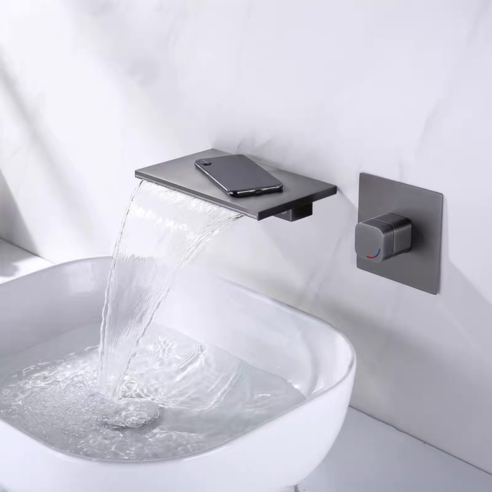 ZQFHSX Bathroom Basin Mixer Tap Wall Mounted Wide Mouth Single Handle Waterfall Brass Split Type Tap,Grey