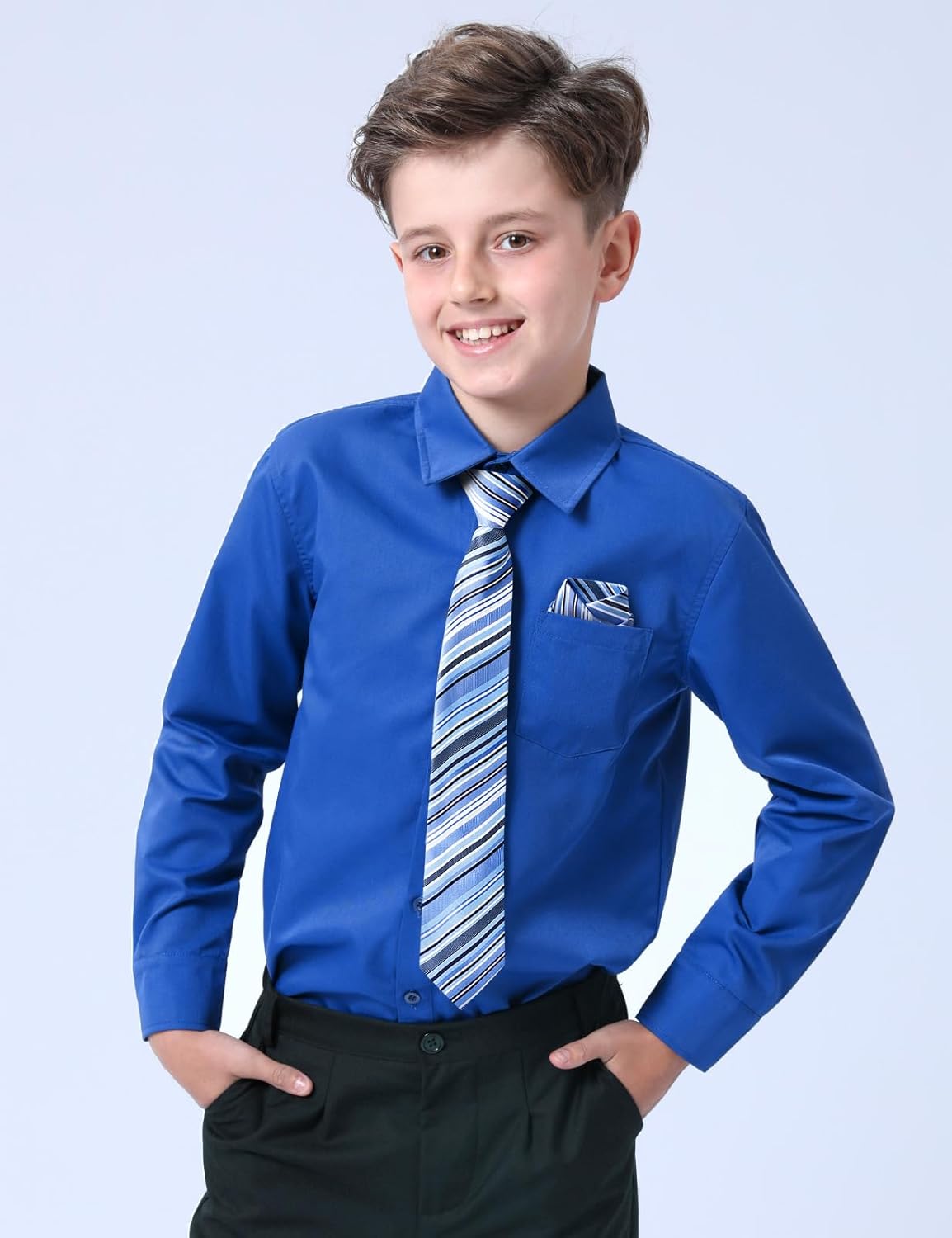 A&J DESIGN Boys Dress Shirt Kid Long Sleeve Formal Uniform School Oxford Button Up Shirt with Tie and Handkerchief - Image 2
