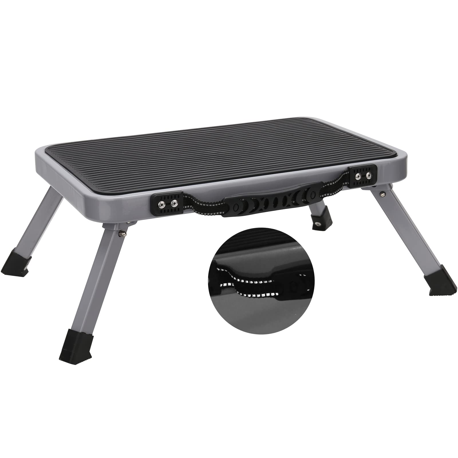 Photo 1 of Metal Step Stool,Portable Foot Stool with Reflective Handle,Foldable Non Slip 330lbs Capacity 1 Stepping Stools for Bed Office RV Adult Use Black