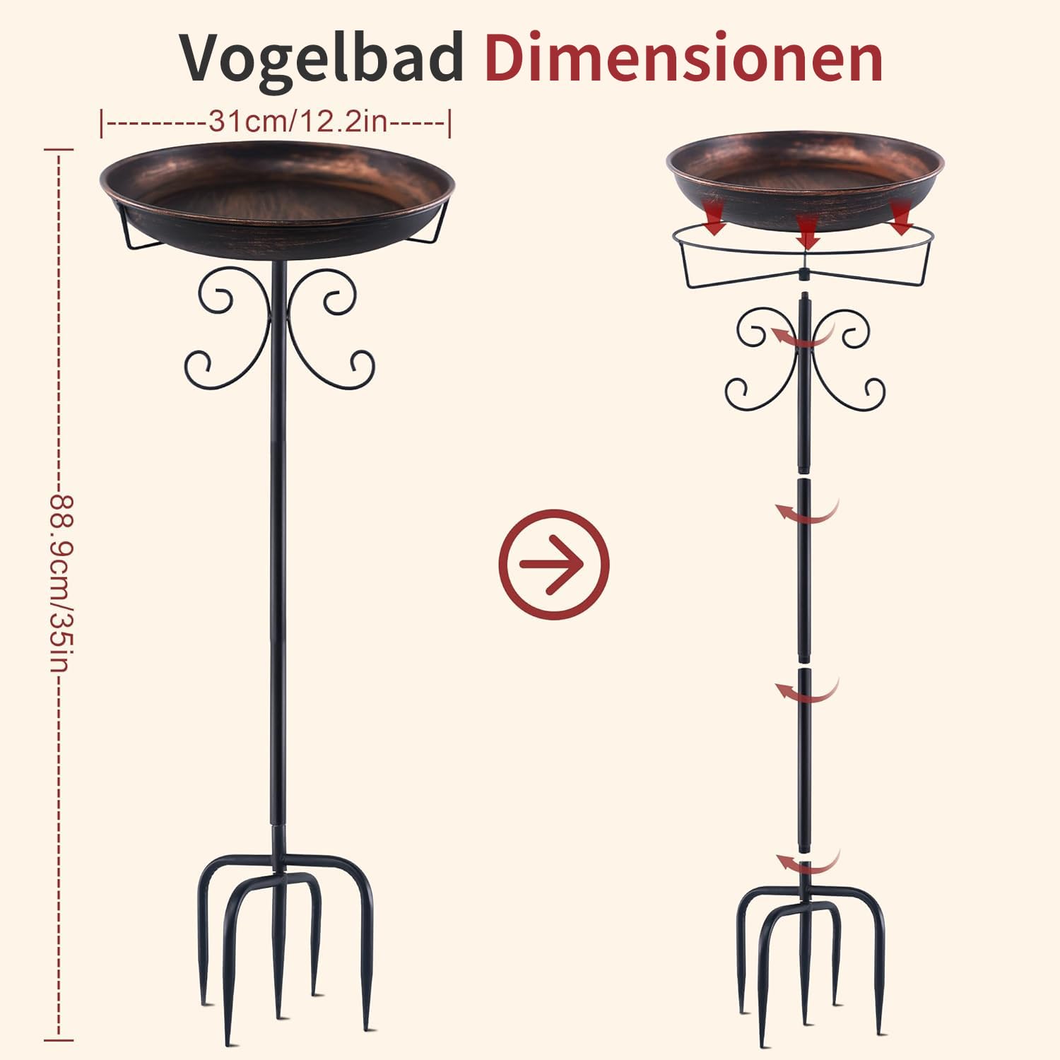 Vogeltränke Stehend, Vogelbad für Draußen Garten mit 5-Prong Basis – Großes Metall Vogelbecken Ø31 cm, Rostfrei & Wetterfest, Antike Vogeltränke Futter Wasserschale Terrasse Garten Deko, Antike Bronze