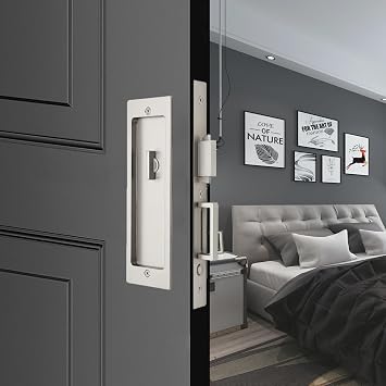 Pocket Door Lock Hardware with Pull, Sliding Door Pop-Up Handle, Privacy Pocket Door Lock Hardware, Keyless,Silver