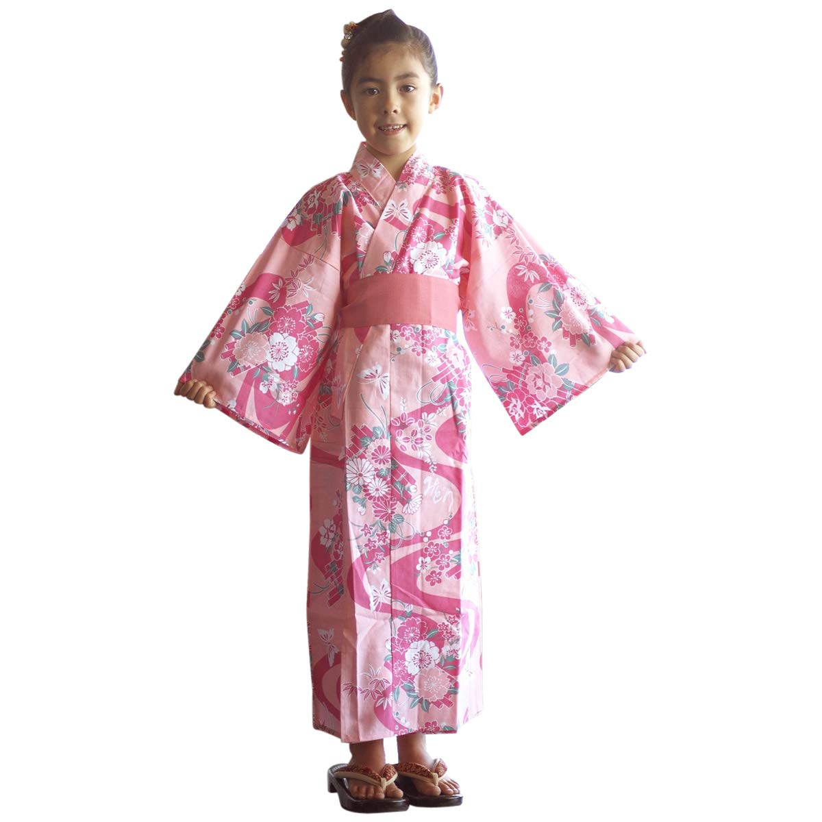 Yukata with sash belt. for Children Kids Girls. Room wear, made in Japan. Midori Yukata 