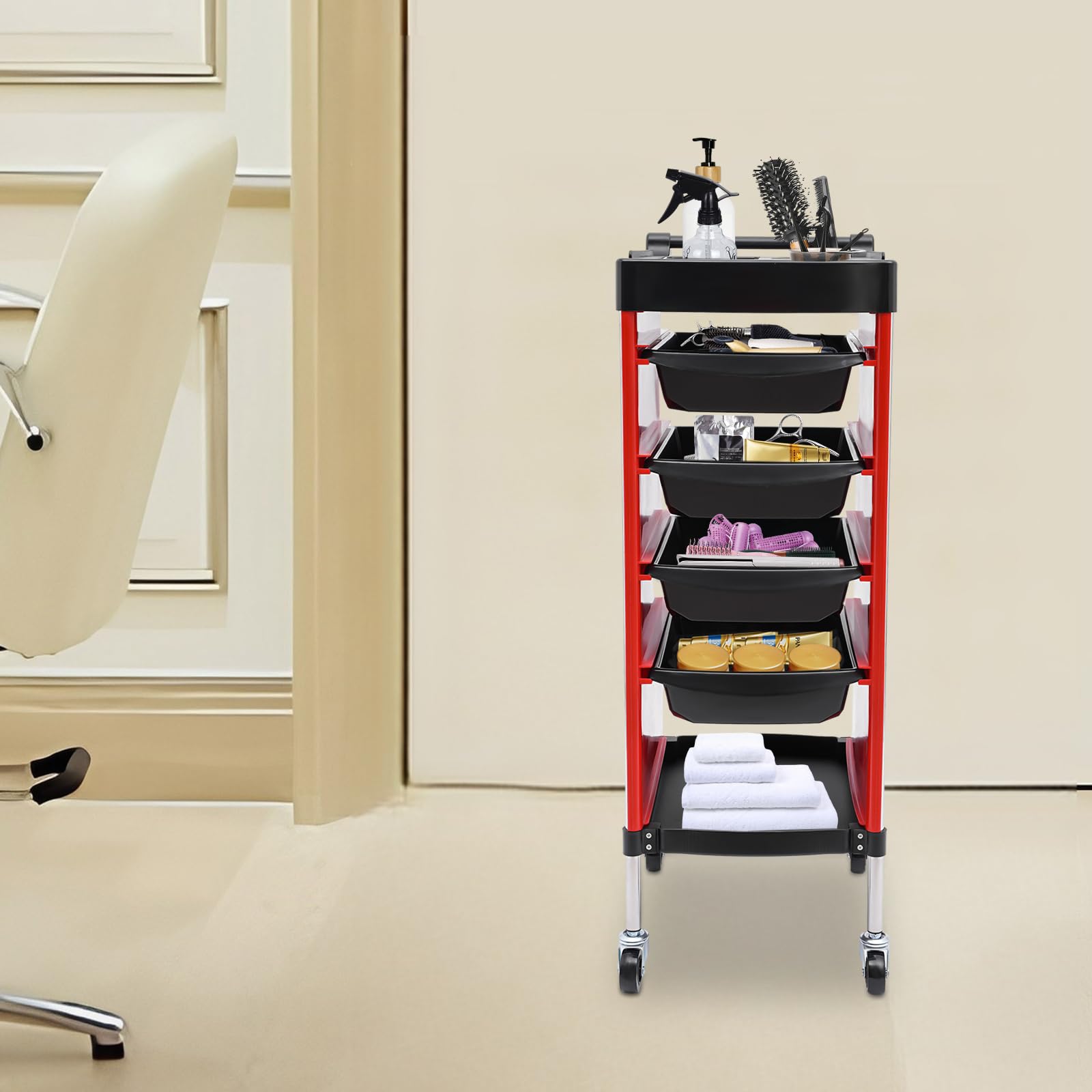6 Etagen Friseurwagen mit 4 Schubladen und Räder, Bedienungswagen, Friseur Arbeitswagen Drehbar, Beauty Salon Trolley, Friseur Zubehör, Einziehbare Ablagen, 36 x 37 x 85cm (Rot)