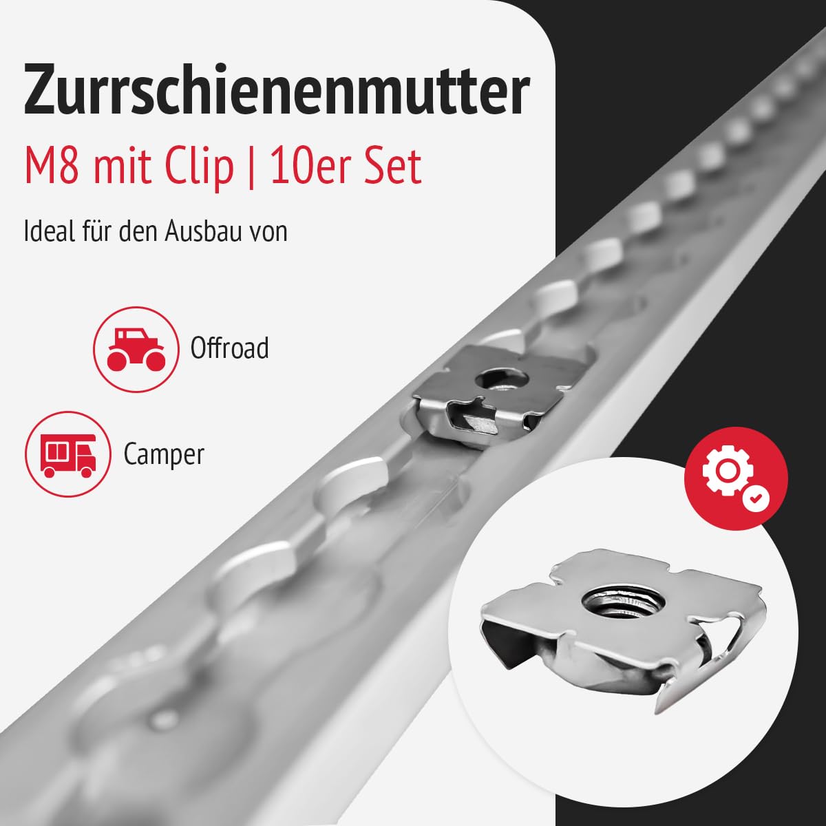 Zurrschienenmutter M8 für Airlineschiene | Airlineschiene Fitting im 10er Set, mit Clip zum Einsetzen | Belastbarkeit: 900kg (vertikal), 400kg (horizontal); Größe: 24,3 x 19,1 x 7,3mm