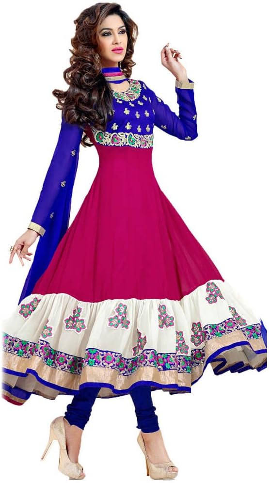 Ustaad Womens Silk & Georgette Anarkali Dress Material Pinkwhiteblue_Free Size