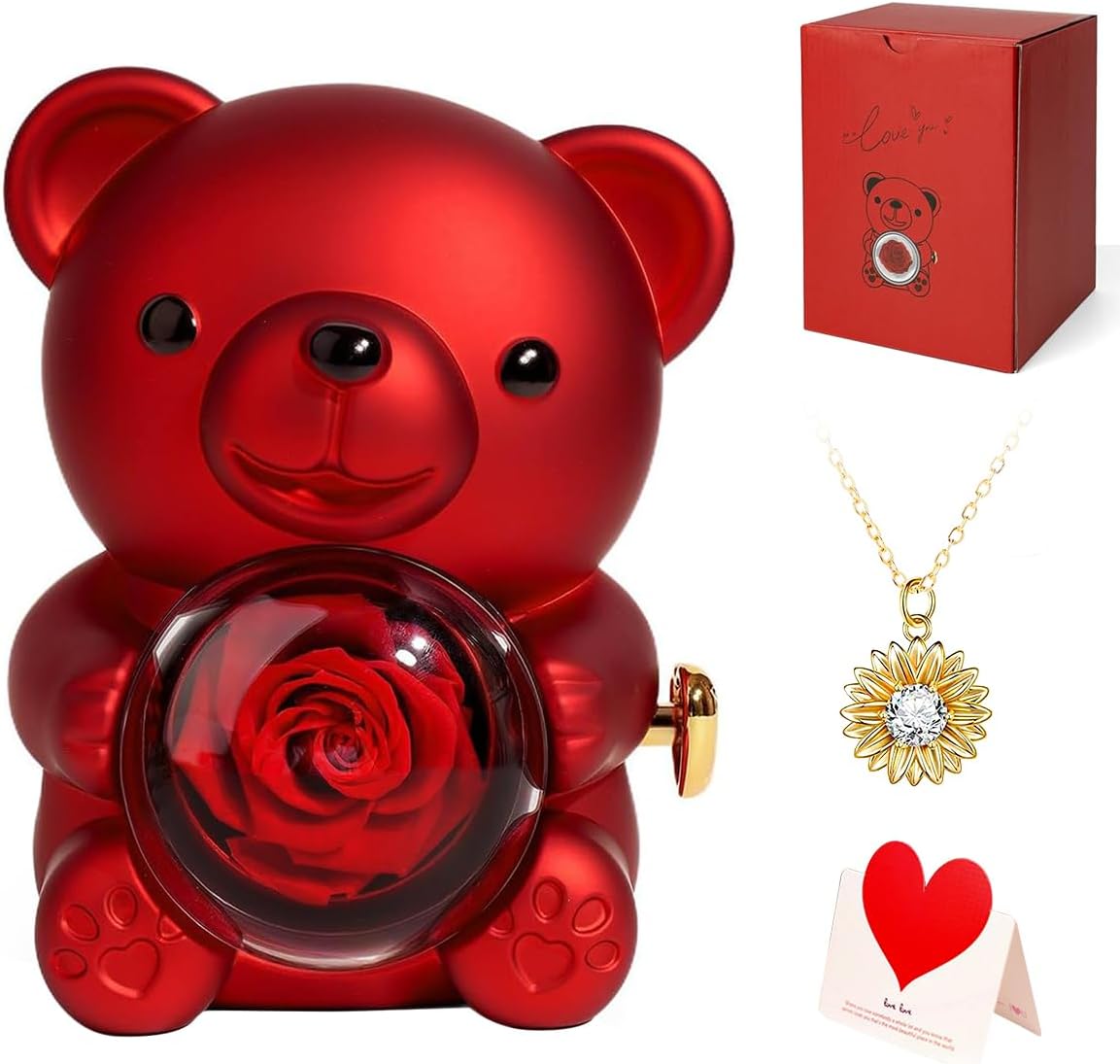 Teddy Bear with Preserved Rose and Necklace Bear with Preserved Flowers Rotating Box for Women Romantic Bear Roses Box Gift for Valentine's Day, Mother's Day,Weddings (red)