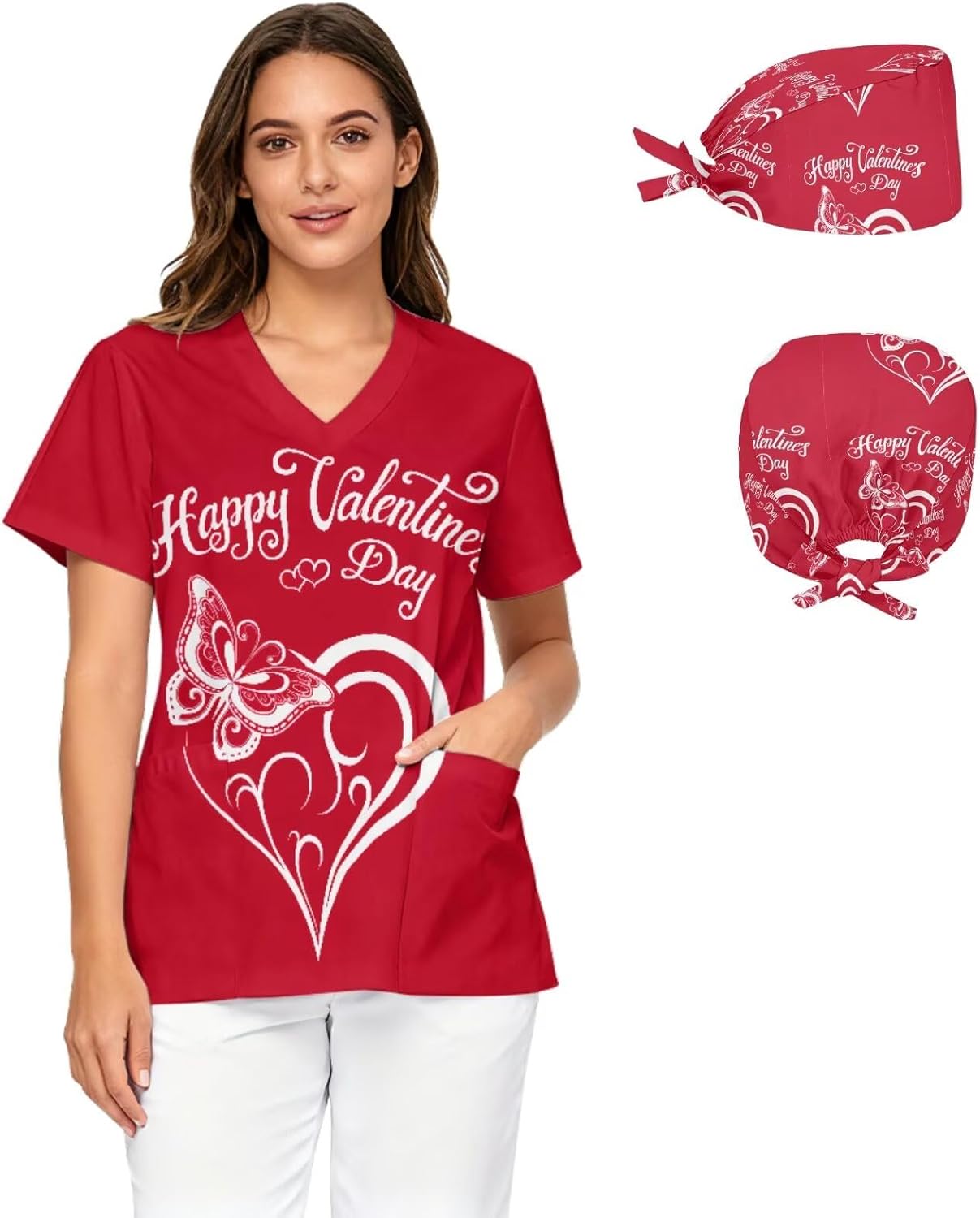 Women's Scrub Top&Nurse Cap 2-Piece Set,V-Neck Soft Stretch Medical Shirt with Pockets,Comfortable Nurse Uniform