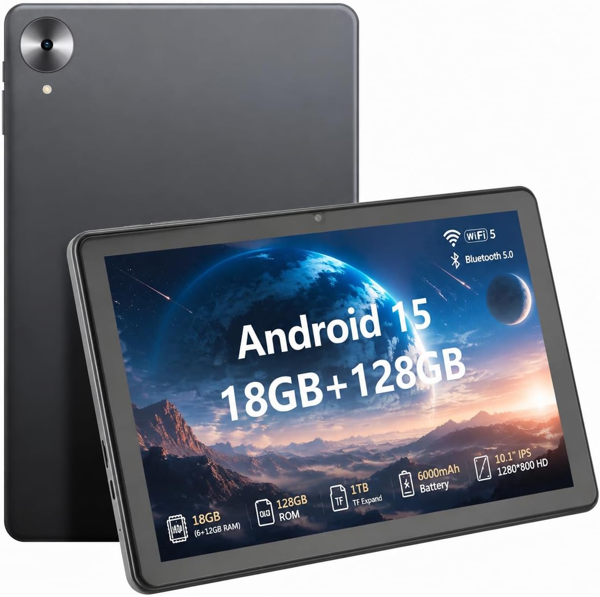 10,1-Zoll-Tablet, Android 15, 18 GB (6+12) RAM, 128 GB ROM, Android-Tablet 1280 × 800 HD, 5G-WLAN, BT5, 5 MP + 2 MP Dual-Kamera, 6000-mAh-Akku, Grau