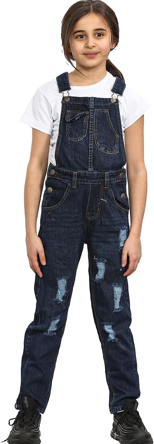 Kids Girls Denim Dungaree Pencil Skirt Dark Blue Jeans Pinafore Overall Jumpsuit