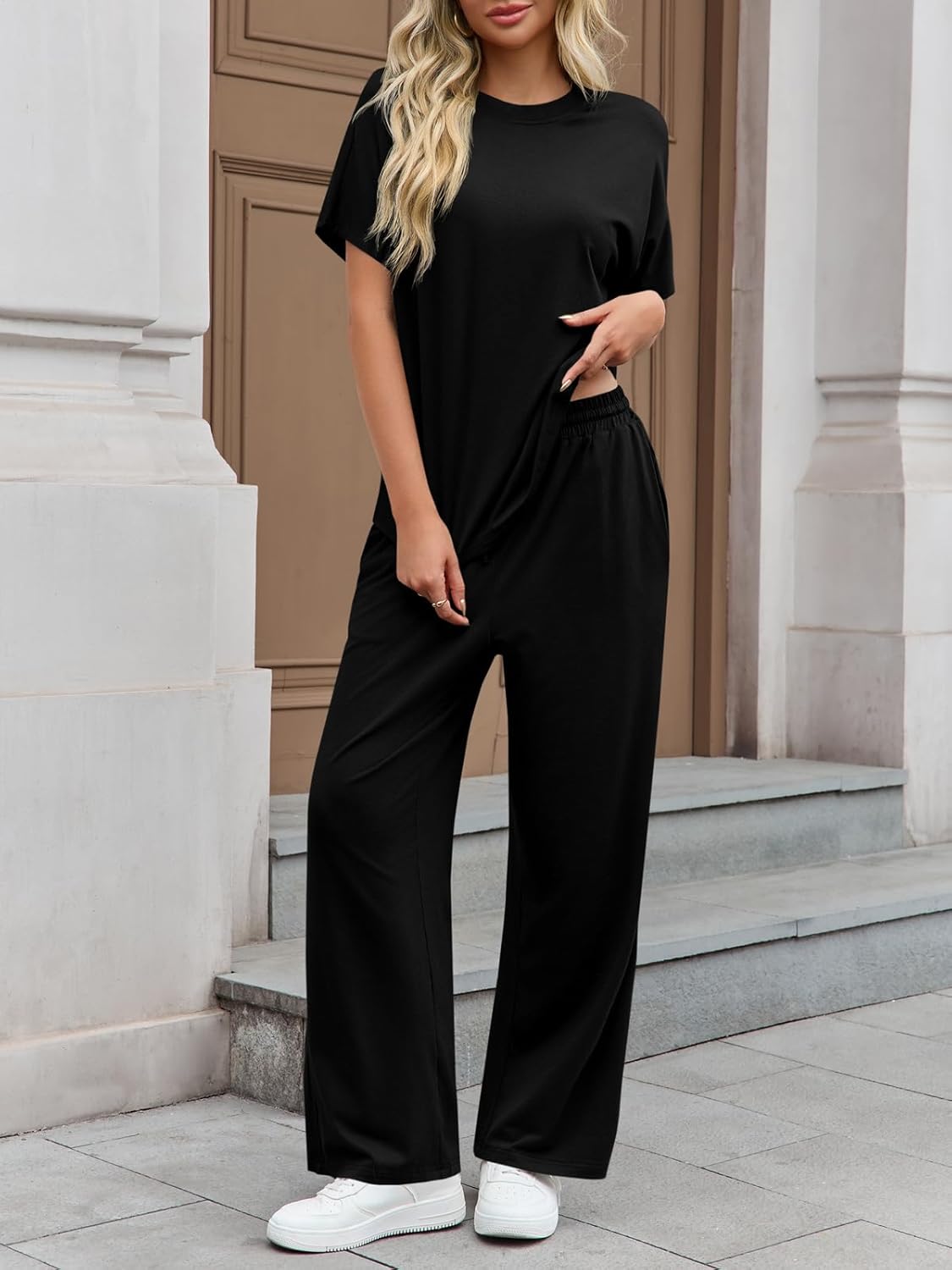 Tankaneo Womens 2 Piece Lounge Sets Short Sleeve Tops Wide Leg Pants Set Casual Matching Vacation Travel Outfits - Image 4