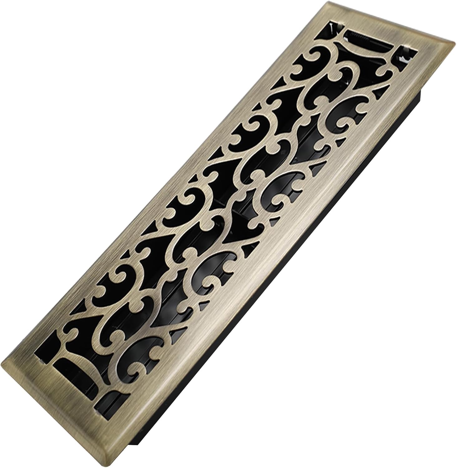 4x14 Inches Heavy Duty Walkable Floor Register - Easy Adjust Air Supply Lever Decorative Floor Vent Covers, Savannah Design Vent Covers for Home - Antique Brass 4x14 Inches Antique Brass