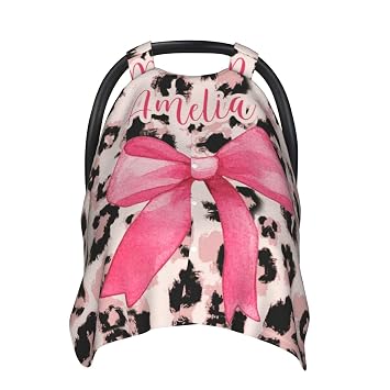 Personalized Bow Baby Car Seat Cover with Name, Custom Leopard Pattern Car Seat Canopy for Babies Girls, Opening Minky Nursing Breastfeeding Cover Carseat Canopies for Infant Newborn