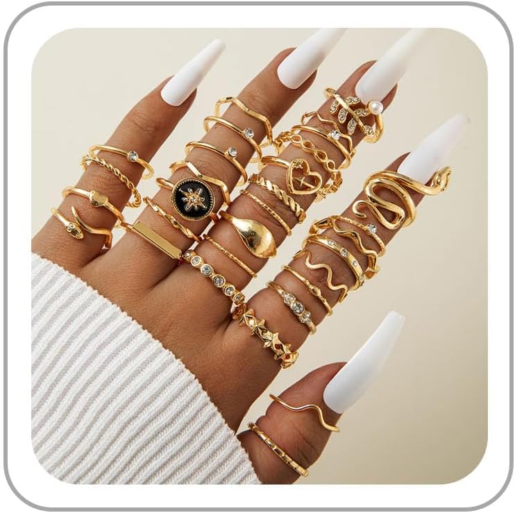 Chunky Rings Set for Women Gold Stacking Rings Set Irregular Geometric Ring Vintage Zircon Snake Moon Stars Dainty Ring Jewelry for Women