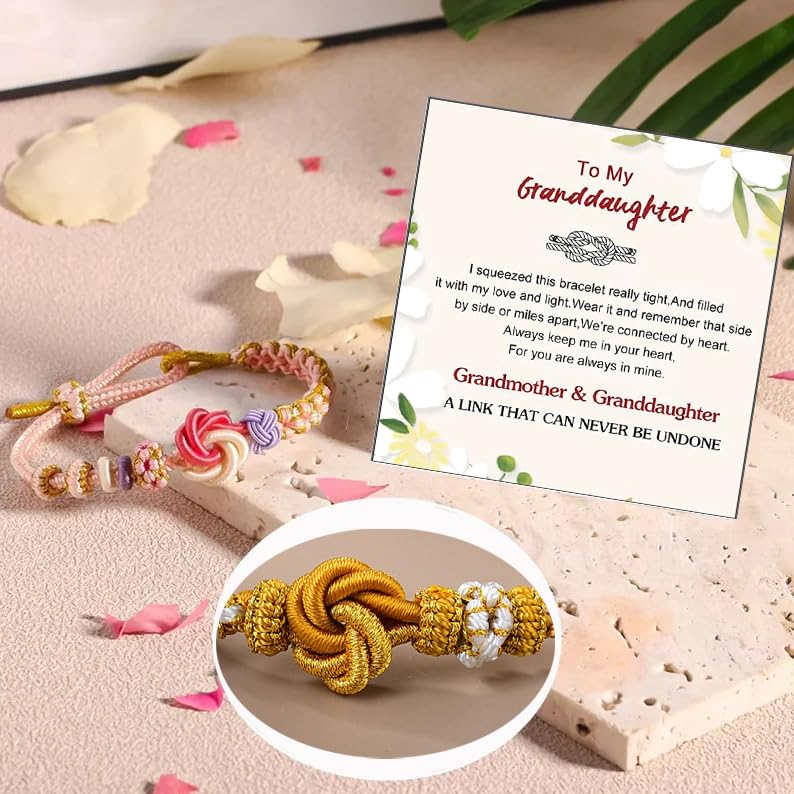 Image of Granddaughter Bracelet for Women, Cute Pink Peach Blossom Knot Bracelet from Grandma Trendy Handmade Braided Charms Bracelets Holiday Jewelry Gifts