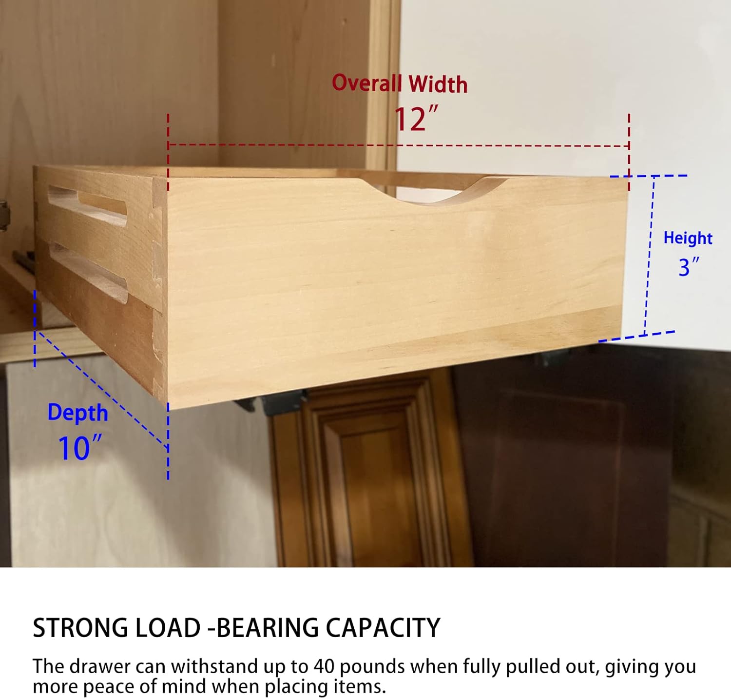 Fully Assembled Drawer Wood Pull Out Tray Drawer Box Kitchen Cabinet Organizer, Cabinet Slide Out Shelve, Wooden Pull-Out Shelf(12'' W×10'' D×3'' H)