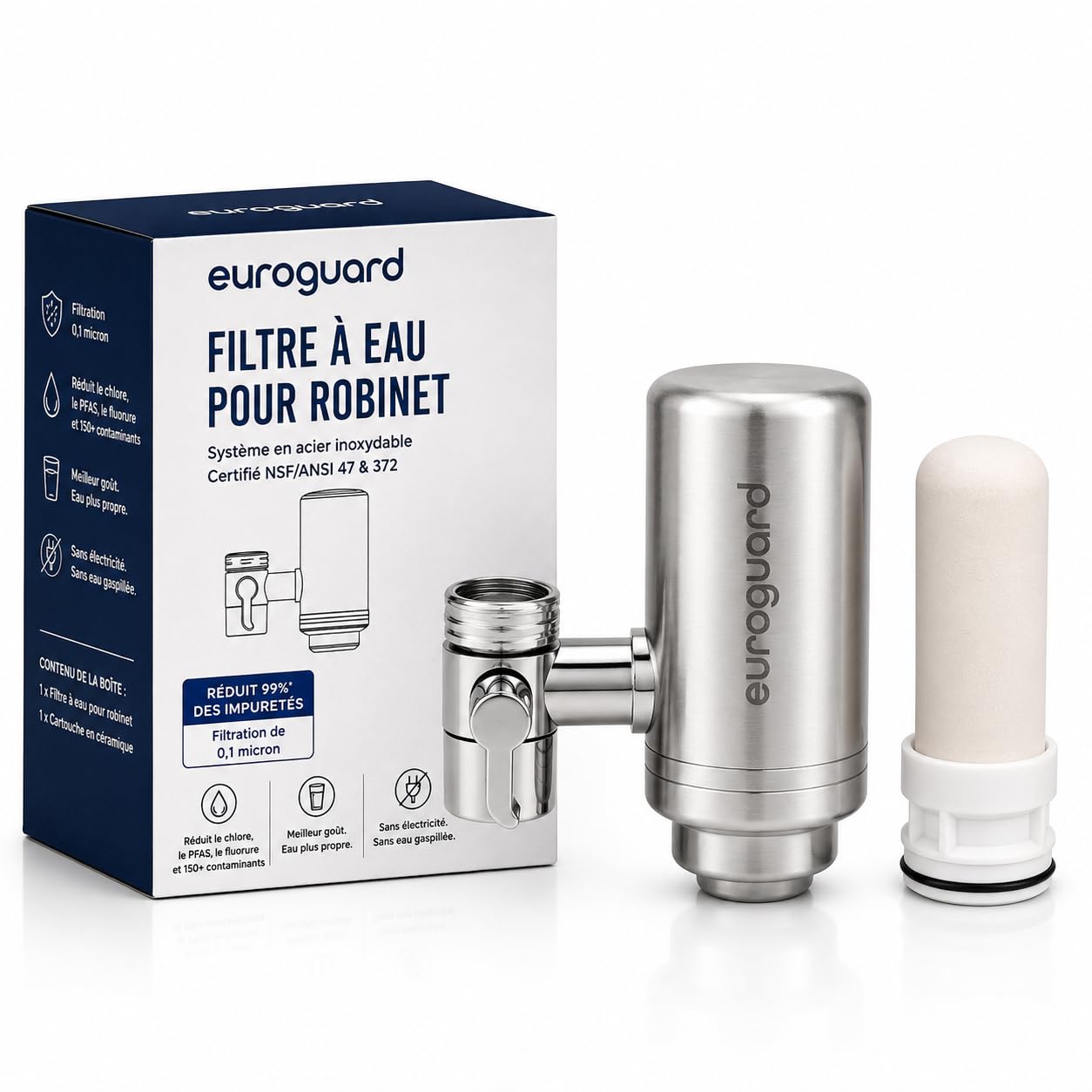 Filtro de agua para grifo de cocina, purificador de acero inoxidable - filtro de agua del grifo con cartucho de cerámica y carbón activado, reduce cloro, sabor y olor desagradable (1