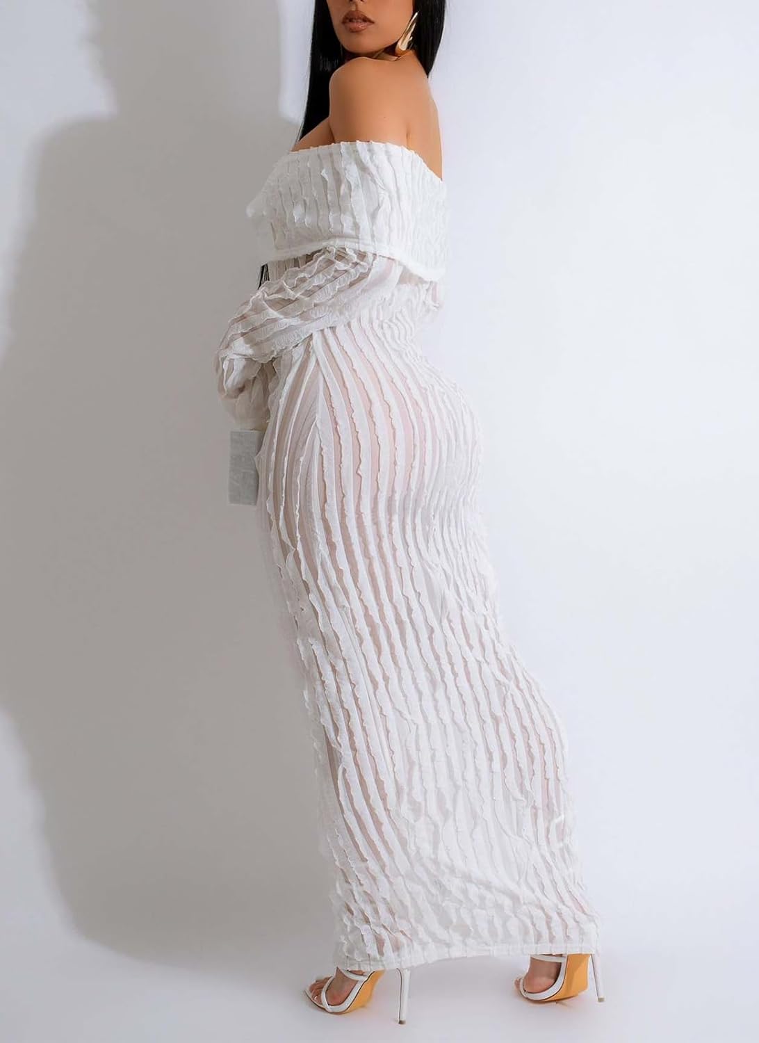 Womens Sexy Off Shoulder Maxi Dress Pleated See Through Flare Sleeve Button Down Slit Bodycon Long Dresses - Image 4