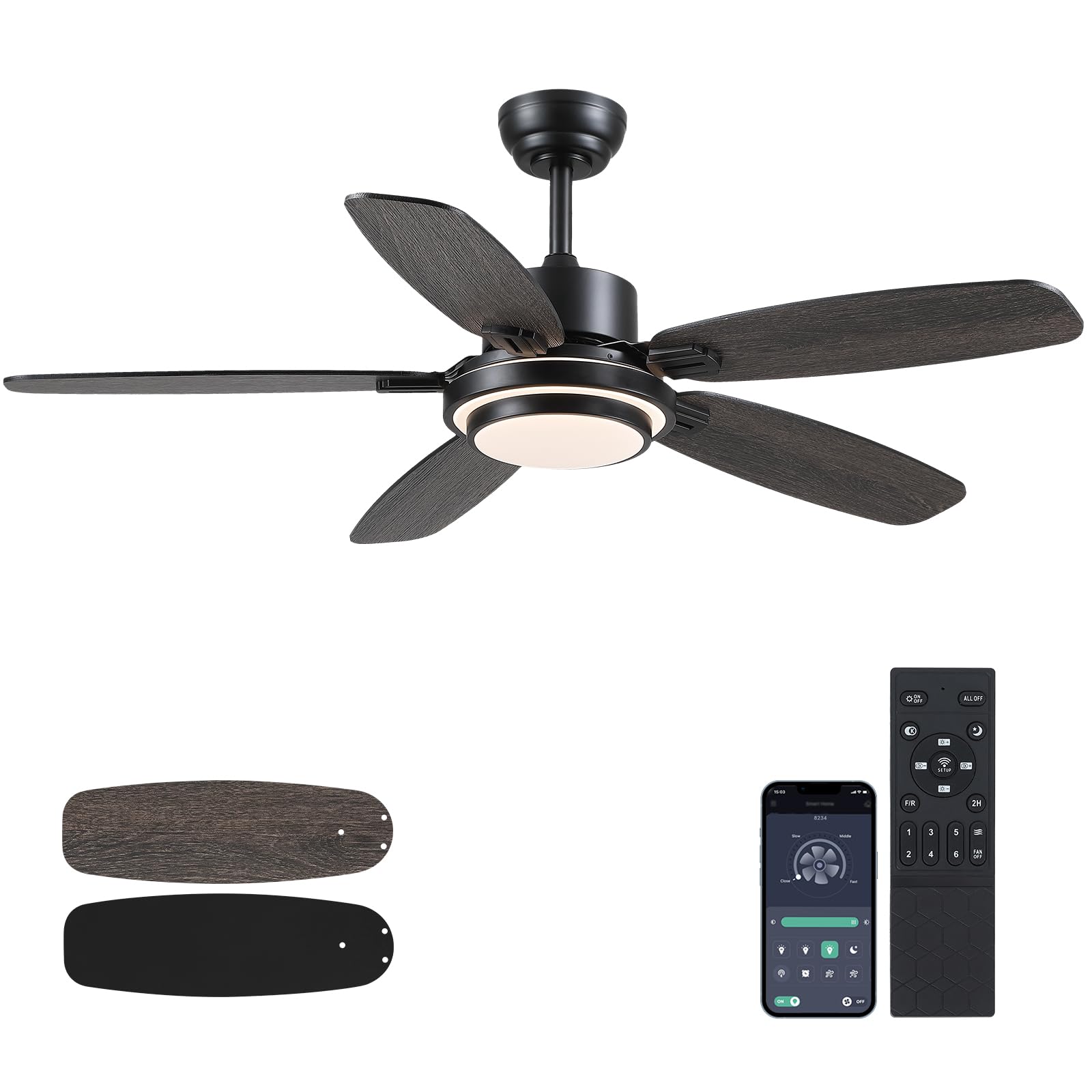 Ceiling Fan with Light and Remote/APP Control,50" Modern Indoor Ceiling Fan with DC Reversible Motor, Quiet 6 Speeds Flush Mount Ceiling fan Light for Bedroom,Dinnig Room,Black