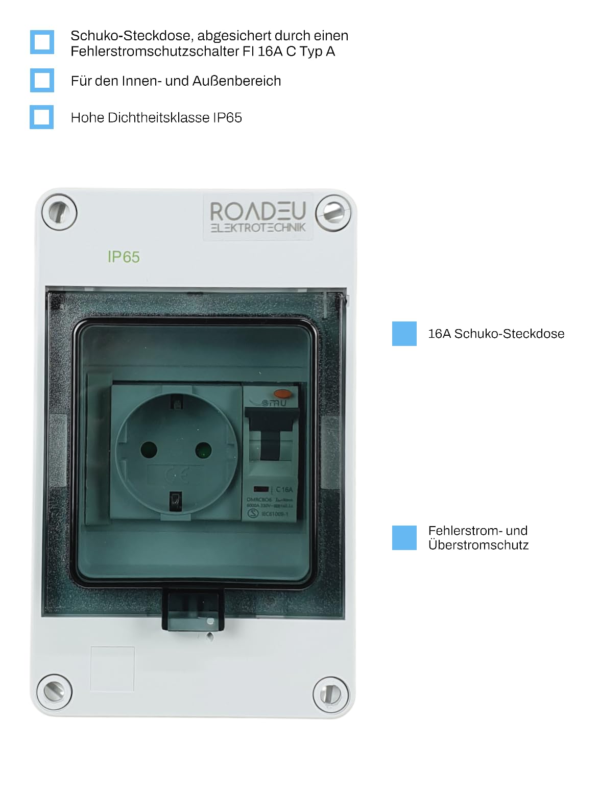 RoadEu | Quadro Elettrico IP65 con Differenziale FI e Magnetotermico C16 | Centralino da Parete Pronto all'Uso con Presa Schuko 230V Integrata | Per Ambienti Umidi, Cantieri e Officine