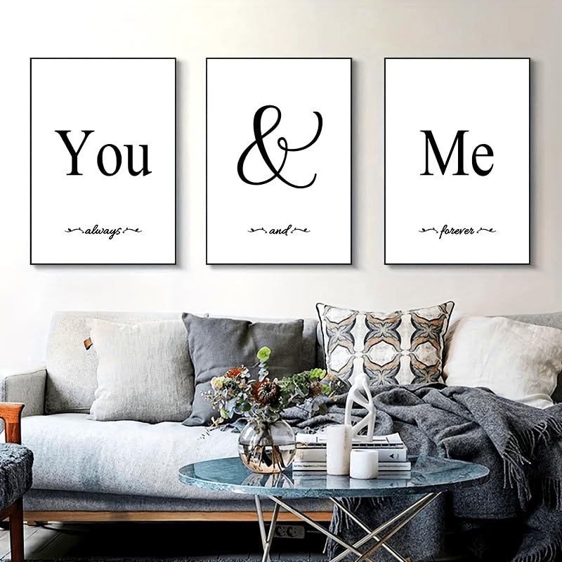 Peinture sur toile You And Me lot de 3 noir et blanc 20x30 cm avec cadre