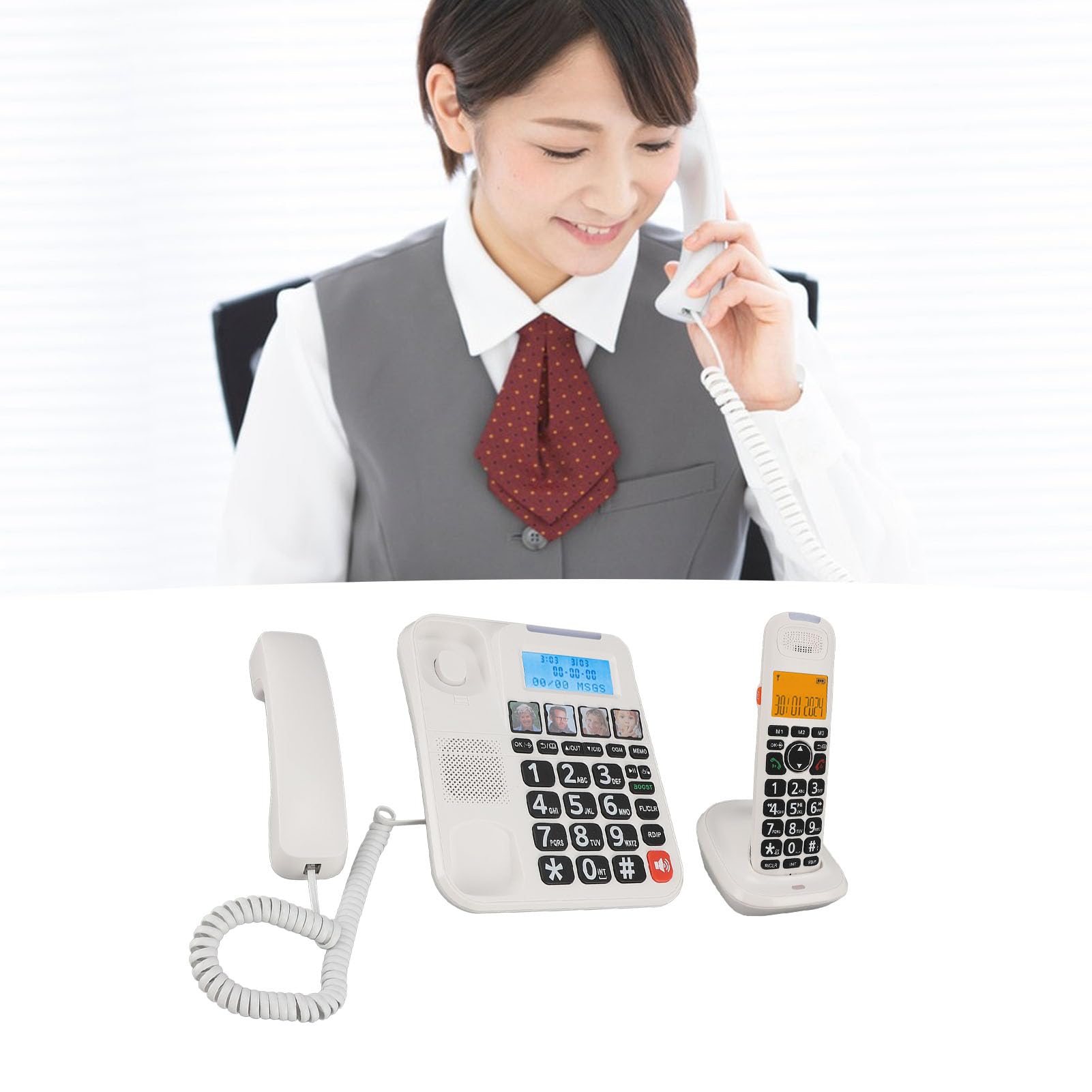 Telefono Cordless per Anziani con Filo, Segreteria Telefonica, Blocco Chiamate, Selezione Fotografica, Suoneria Forte, Chiamata in Vivavoce, Chiamata a 3 Vie, Guida (Spina europea)