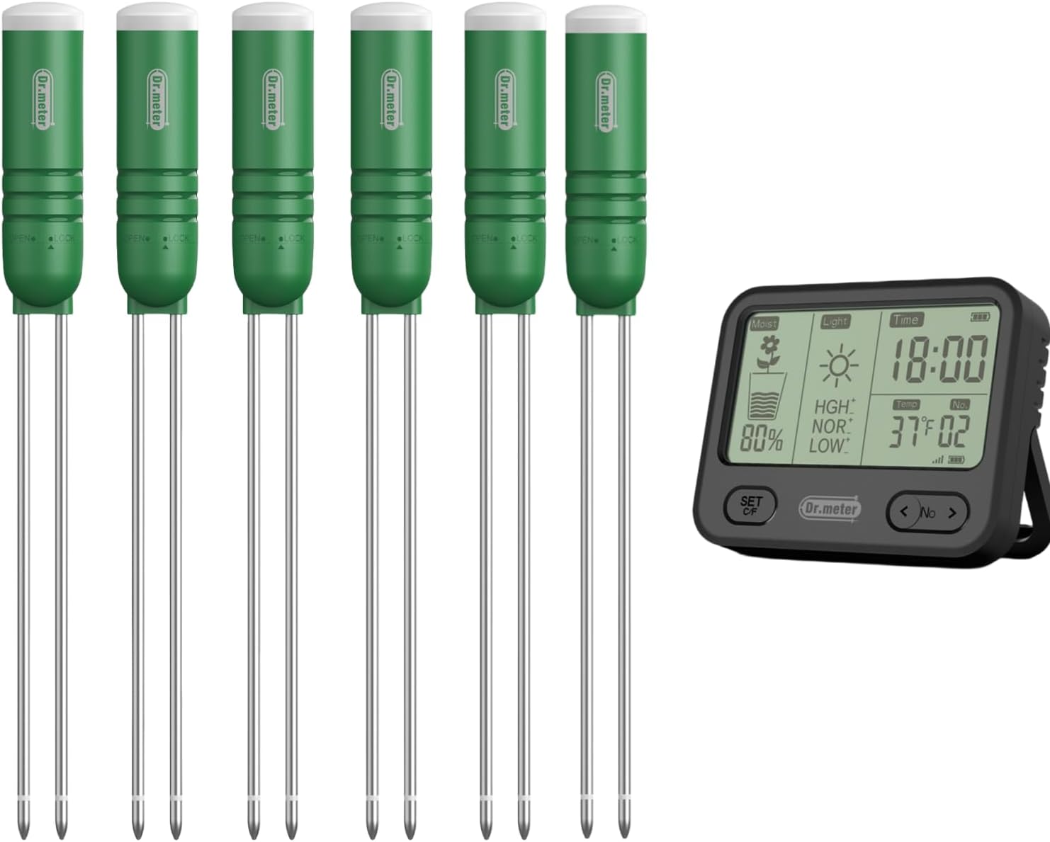 Dr.meter4-in-1 Moisture Meter for Plants, 300ft Wireless Soil Tester Sensor, Temperature/Light/Time/Soil Hygrometer Monitor with LCD Display for Indoor Outdoor Plants Garden Farm Greenhouse 6Pcs