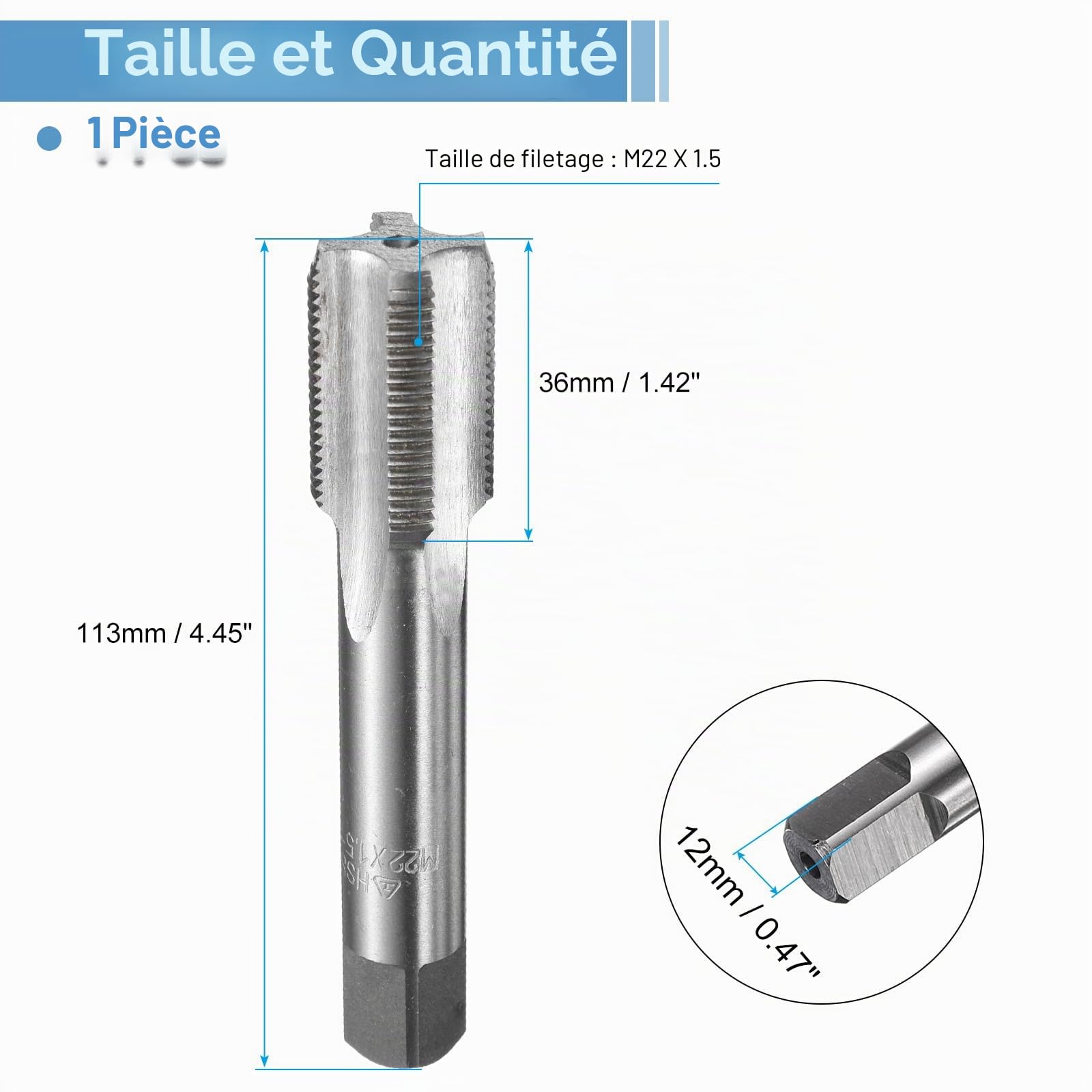 QUARKZMAN Taraud à main M22 x 1.5 H2 Taraud de fond à filetage métrique Style de fond Tarauds en acier rapide HSS6542 Canaux droits Outil de taraudage de vis