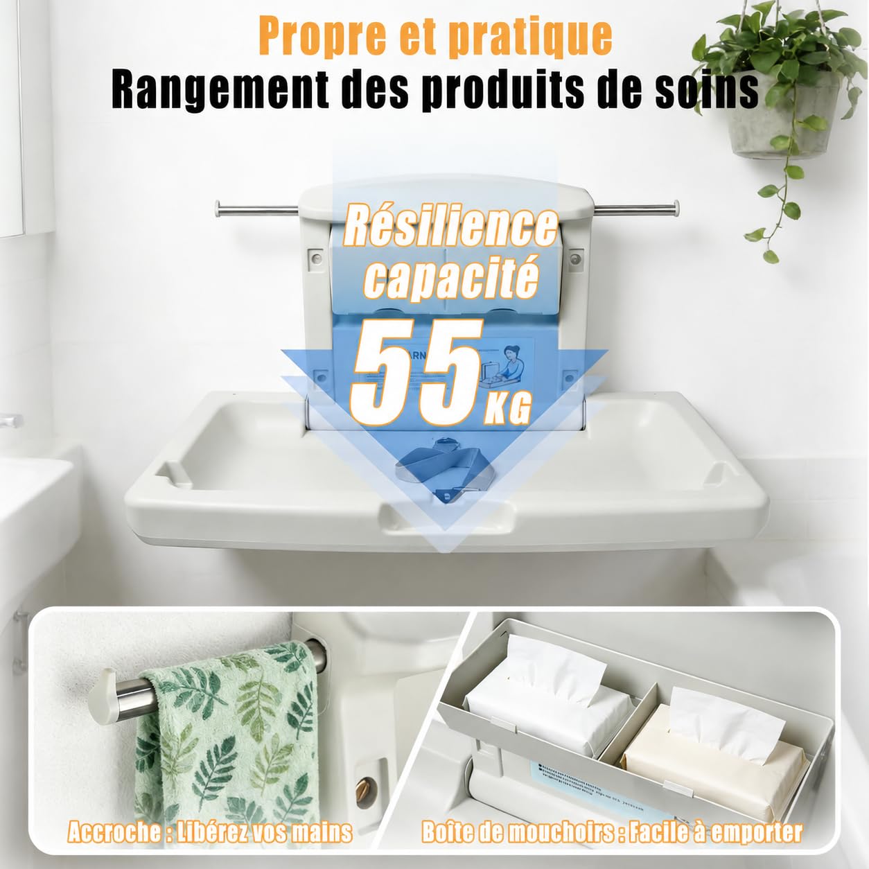 Station à langer murale commerciale, table à langer pliable pour salle de bain publique avec sangle de sécurité réglable, crochets double face et boîtes de rangement pliables
